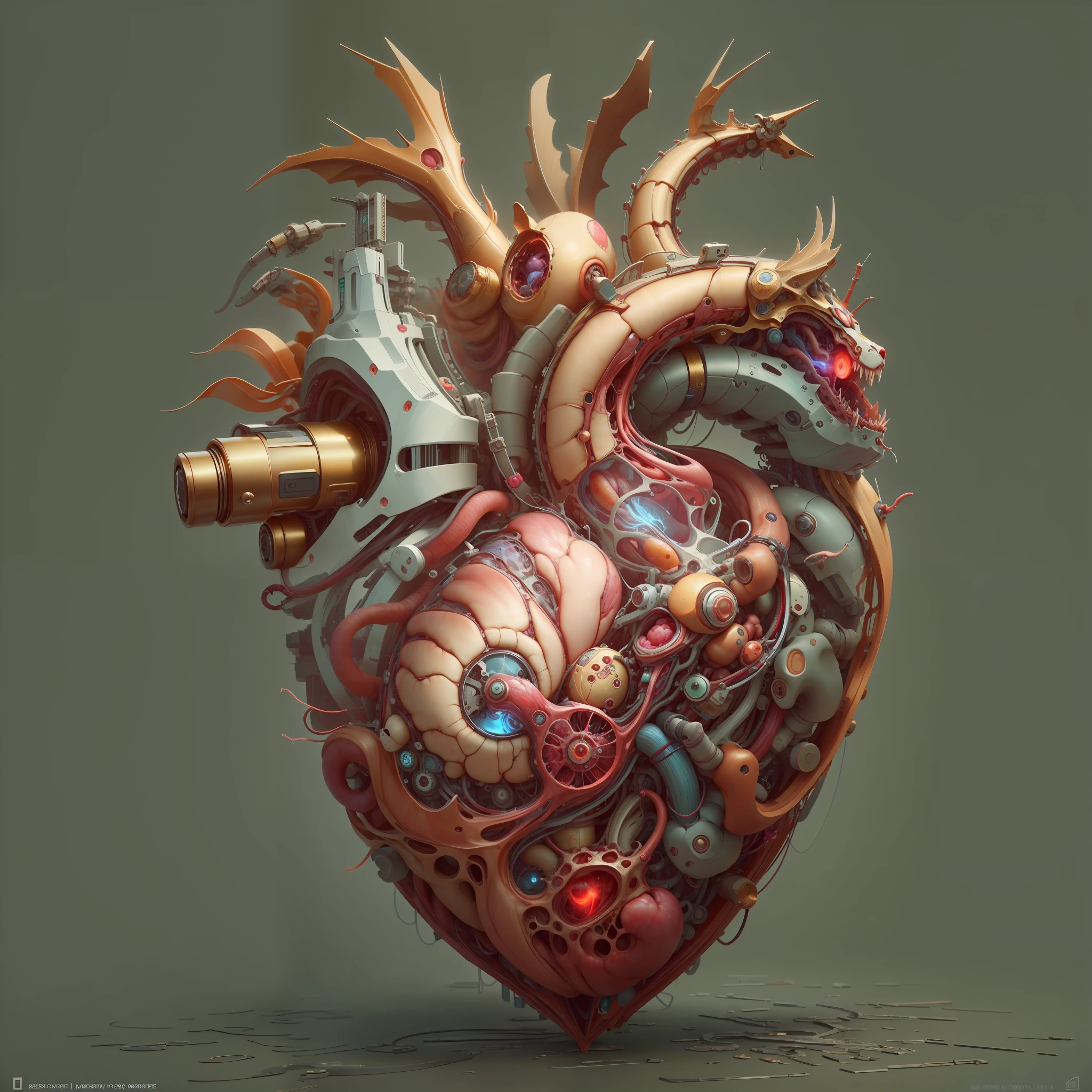 best qualtiy，tmasterpiece，超高分辨率，（realisticlying：1.4），absurderes，intriguing，High color saturation，3D Anatomy，Glow-emitting pulsating veins，sci-fy，3D mechanical biological heart， fanciful，Beautiful 3D human heart decoration design，human heart，hisui/Gold and copper/The golden dragon/Mechanical dial/Embedded in the heart of a living creature，BioPunkAI