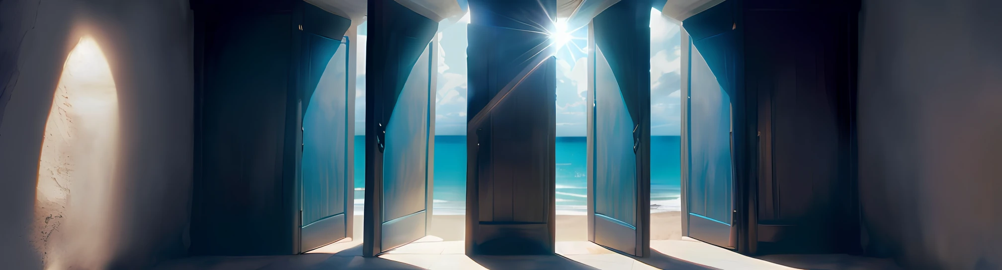 portas abertas para uma praia com o sol brilhando, doors that are cosmic portals, doors of perception, aberto por, porta, Portas, Sunlight shining through the windows, Portas, there is a window to the sea, abrir janela fundo ib, vista para o mar, Olhando para o oceano, sunlight through the windows, abertura por, sunny morning light, magic doorway