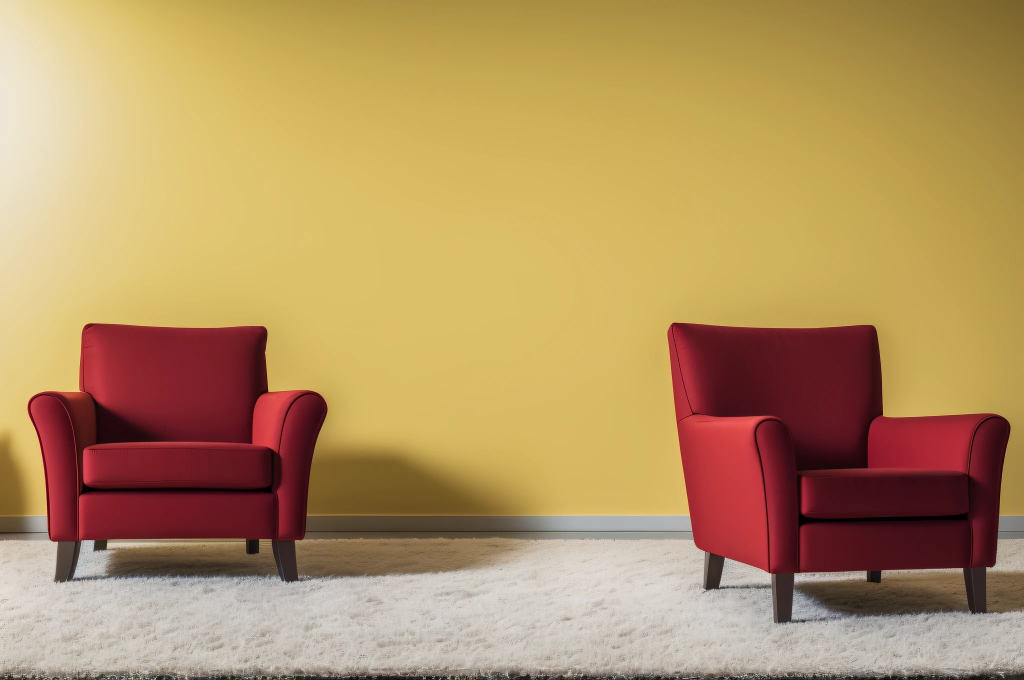 Modern red armchair on yellow background. Space for text. shot with Sony Alpha a9 II and SONY FE 35MM F/1.4 GM lens, natural ligh, hyper realistic photograph, ultra detailed