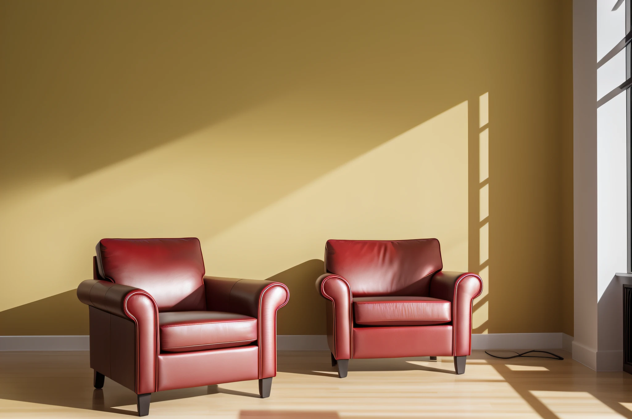 Modern red armchair on yellow background. Space for text. shot with Sony Alpha a9 II and SONY FE 35MM F/1.4 GM lens, natural ligh, hyper realistic photograph, ultra detailed