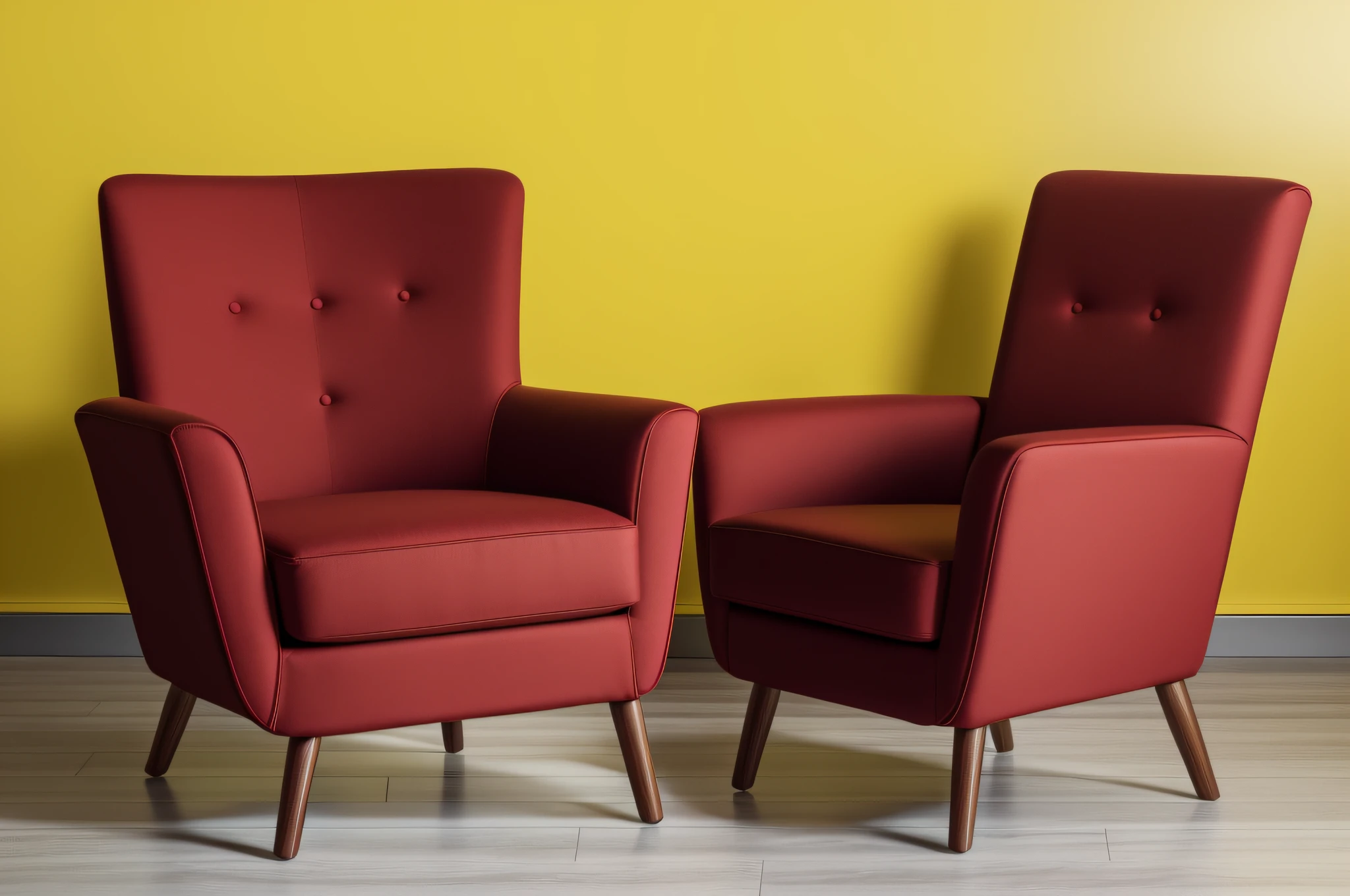 Modern red armchair on yellow background. Space for text. shot with Sony Alpha a9 II and SONY FE 35MM F/1.4 GM lens, natural ligh, hyper realistic photograph, ultra detailed