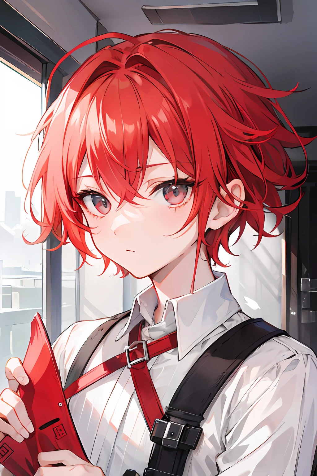 1boy, short light red hair, gray eyes, expressive eyes, white skin, soft smile