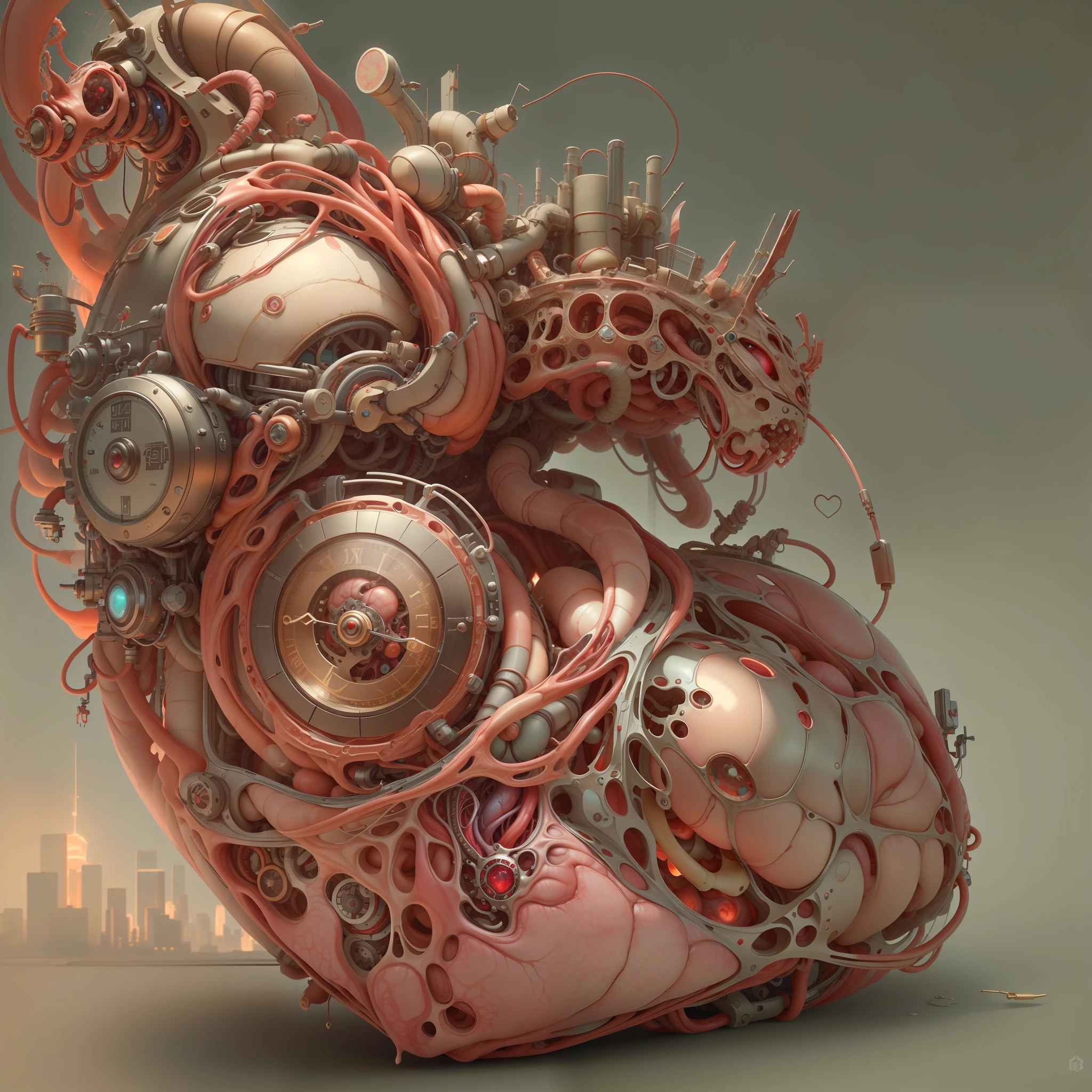 best qualtiy,tmasterpiece,超高分辨率,(realisticlying:1.4),absurderes,intriguing,High color saturation,3D Anatomy,Glow-emitting pulsating veins,sci-fy,3D mechanical biological heart, fanciful,Beautiful 3D human heart decoration design,human heart,hisui/Gold and Copper/The golden dragon/Mechanical dial/Embedded in the heart of a living creature,BioPunkAI