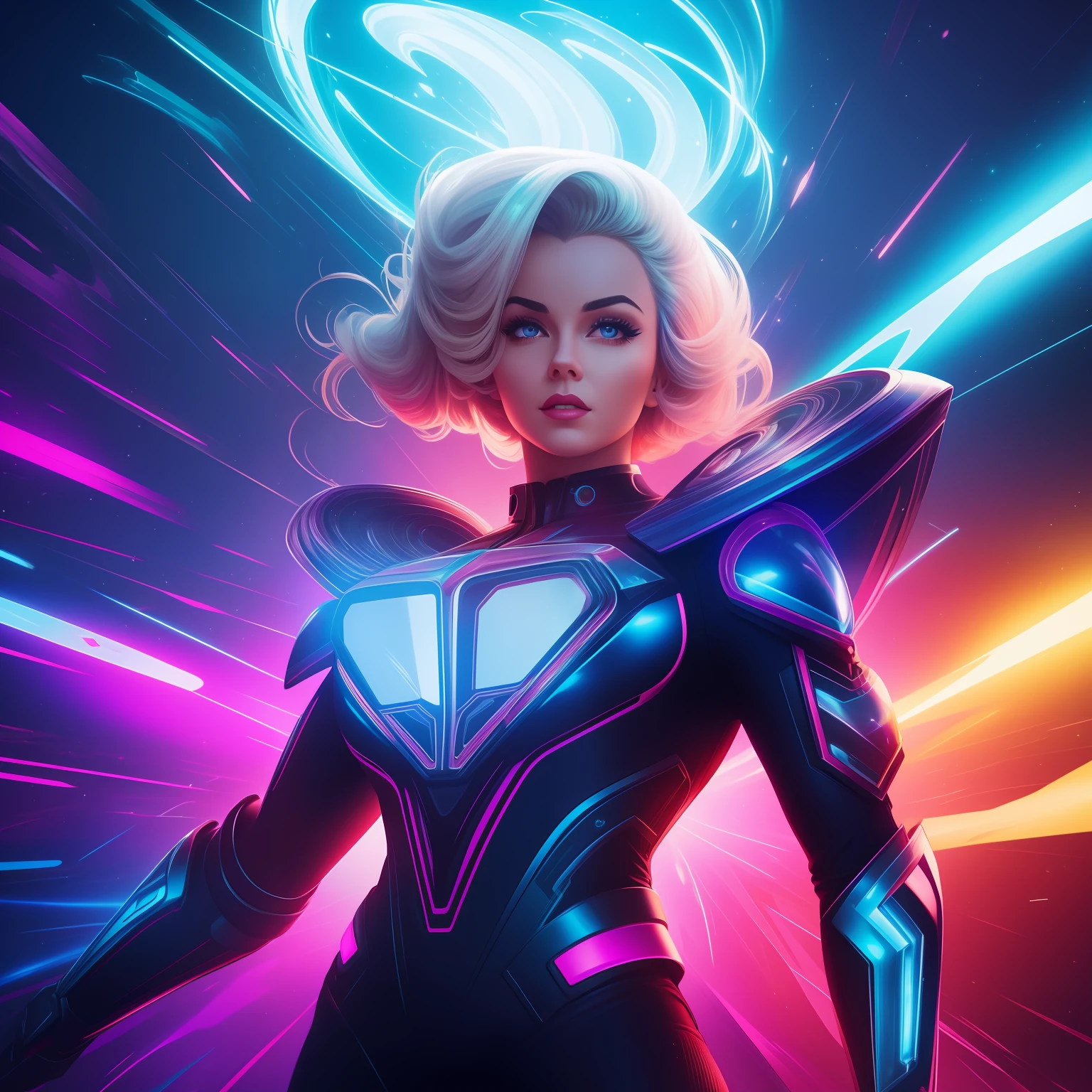 Create Bold colors, stylized portraits, pop art still life, marylin monroe, Ultra, Super, Feminine, Futuristic, Hyper - Realistic, Multi - Dimensional, Colours Vibrant, Highly Detailed, Magical, Creative, Innovative, Psychedelic, Kaleidoscopic, Diamond Encrusted, Gold Trimmed, Robotic, Mechanical, Cylindrical, Holographic, Astromancy, Interactive, Expressive, Iconic, Space - Themed, Retro - Futuristic, Technologically Advanced, Adventurous, Distinctive, Charming, Heroic, Neon Victorian, Cyber Punk, Hybrid, Electric Neon, Versatile, Space - Age, Brave, Dynamic, Action - Packed, Intense, Powerful, Epic, High - Energy, Fast - Paced, Dramatic, Adrenaline - Pumping, Explosive, Cinematic, Thrilling, High - Flying, Gravity - Defying, Superhuman, Dramatic Poses, Intense Combat, Energy Blasts, Dynamic Camera Angles, Striking Visuals, Iconic Costumes, Epic Showdown, Superpowers, Heroic Feats, Intense Expressions, Lightning - Fast Movements, Dramatic Lighting, Intense Music, Super Heroic Clashes, Dynamic Choreography, Intense Emotions, Powerful Sound Effects, Murano Glass Texture, Tetradic Colors, In the Ethereal Realm of Mysticism and Wonderment Behold. Refractions and Reflections in a Background, Photorealistic, 4K, Iridescent Neon