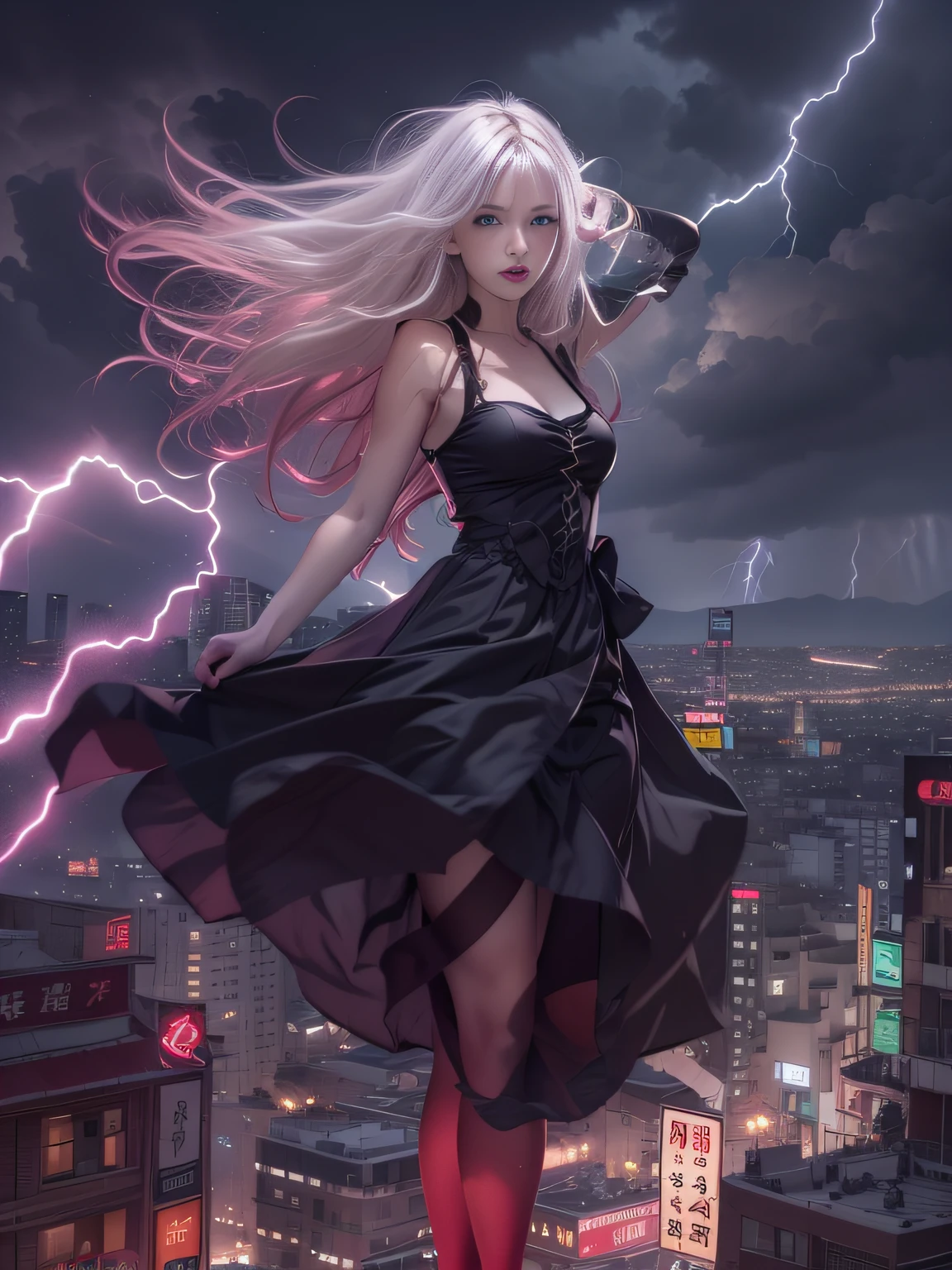 Black goth-rowley girl floating in the city with lightning,Goth**** albino girl floating in the city with one hand,Woman in black dress with red and black hair, Gothic Maiden girl, girl in black dress, 1 7 year old girl,Old Goth girl, an elegant gothic princess, artwork in the style of guweiz, in the art style of bowater, dreamy gothic girl, 8k high quality detailed art, gothic art style, wearing a gothic dress,closing,Wearing underwear,Red Eyes,Looking down,white  hair,Wind,Head tilt,White hair, Silver hair, Long hair, Blunt bangs, Straight hair, Big hair, expressive hair, (Red eyes that glow intensely:1.8), Downward eyes, (Red Eyes:1.5),small tits,Thin leg,Crazy, Disappointed,wide Shots,wide angles,sideshot,3 views,,(Close up portrait of a person in a black dress flies over the city:1.7),People fleeing the busy streets of a city lined with shops々々々, busy street, Street crowded with people, photograph of the city street, japanese downtown, Traditional Cities of Japan, Busy streets,busy cityscape, bustling city, Crowded with people, Bustling streets in the moon, crowdedstreets, shutterstock, Bustling small town streets,bad weather、A huge amount of purple lightning came out of the girl's hand and hit the city,Dark clouds cover the city pierced by clouds of lightning, Lightning clouds, Atmospheric lightning, Pink lightning, With thunderstorms, Dark storm with lightning, Dramatic purple lightning, Lightning in the sky, Contrast Lightning, thunderstorm in the sky, Lightning in the background, With lightning, Stormy weather with lightning, Upper volumetriclightning,Effect of wearing purple aura,(Control a large number of lightning with open arms:1.4),Destroy the city with a girl's lightning attack,Called nose,Lightning effect on both hands,Countless balls glowing purple around the girl,goddess of lightning, Storm, Storm outside, She attracts a lot of purple lightning,