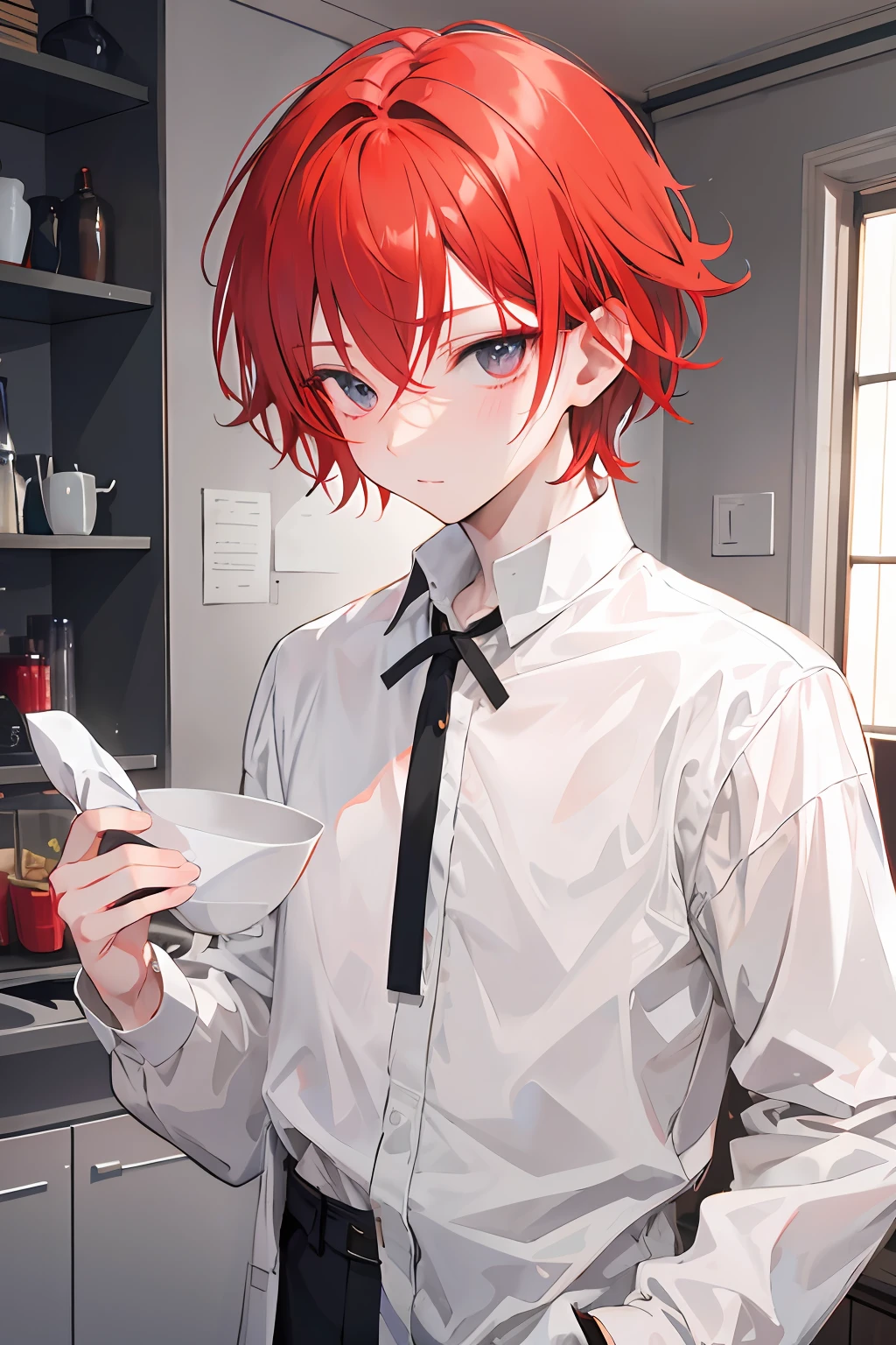 1boy, short light red hair, gray eyes, expressive eyes, white skin, soft smile