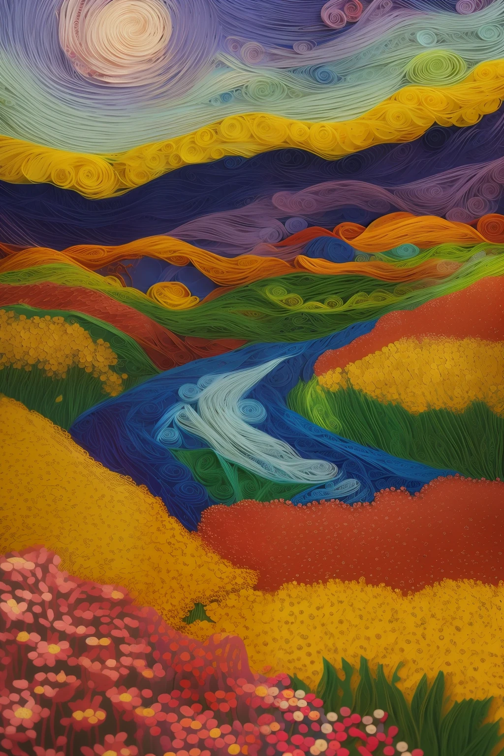 wild flowers filigree paper quilling landscape, paper art, paper illustration, Pointillism, beautifull colors, In the style of Vincent Van Gogh, hyperdetailed, hdr, beautiful lighting, volumetric lighting, 8k, concept art, illustration, oil painting masterpiece, pattern