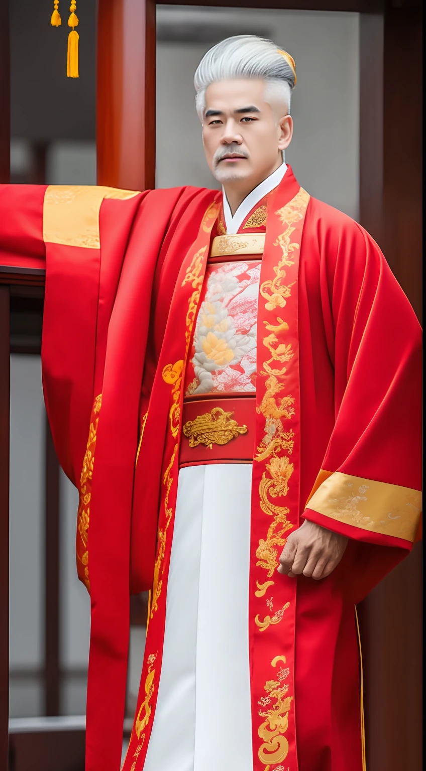 Masterpiece, Highest quality, (solofocus),, (High detail: 1.1),dojo，Red and yellow robes，The male， Man, chinese crown, 1人,and white hair,超高分辨率 , Detailed background, realisticlying, wearing a detailed and intricate xianxia antique outfit