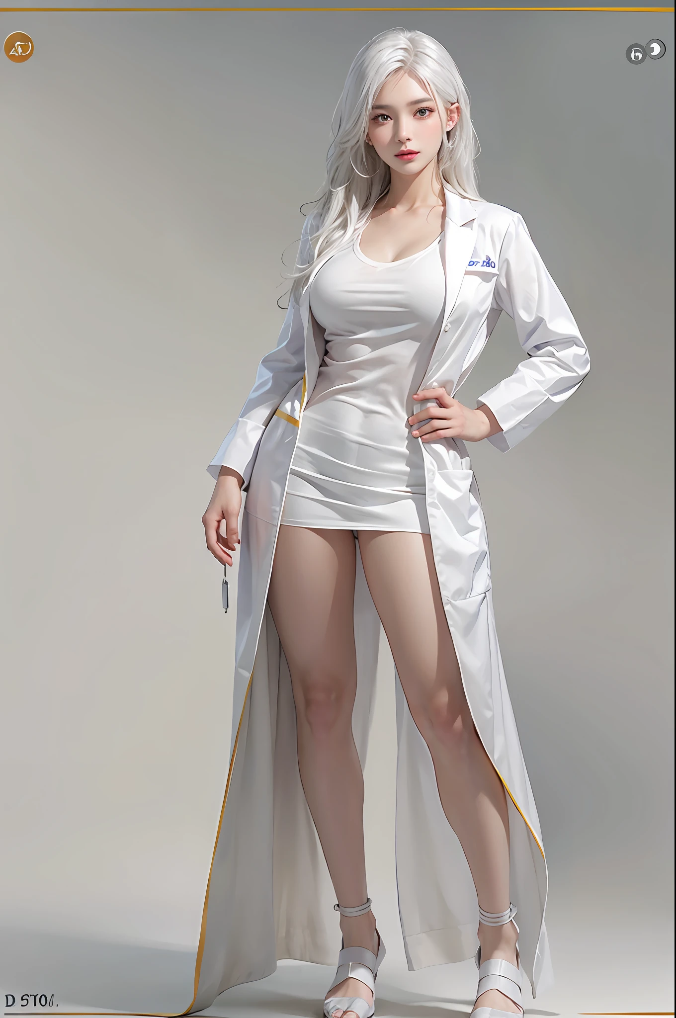 photorealistic, high resolution, soft lights, 1women, shiny skin, finely detailed skin, solo, hips up, look at viewer, (detailed face), white hair, long hair, doctor outfit, White blouse doctor