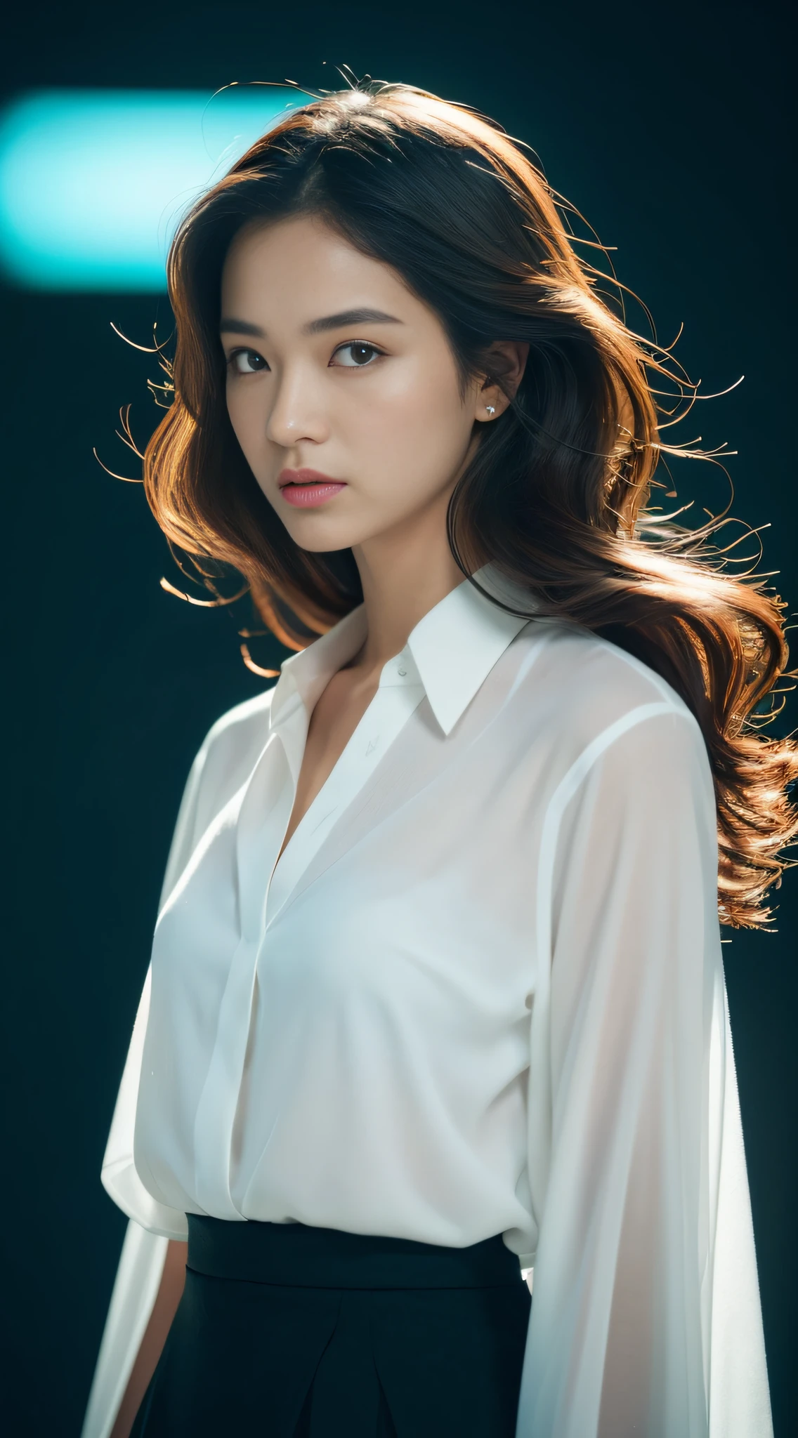 A futuristic portrait of existence, Created by John Woo in a surrealist style.  The character, Decorated in minimalist light luxury clothing, Project an ethereal aura under movie lights.  The detailed textures and reflections of water bring a layer of realism to the scene.  Capture creatures using high-speed camera technology, Emphasize its smooth form，And create the perfect blend of simple compositions against a clean background.  This surreal, High-end designs are implemented in Unreal Engine，（best qualtiy，A high resolution，tmasterpiece：1.3），A tall and beautiful woman，Slender abs，Dark brown hair in loose wavy styling，nedium breasts，Wear a pendant，white button-down blouse，obi strip，a black skirt，（Modern architecture in background），Beautifully rendered details in face and skin textures，Detailed eyes，二重まぶた