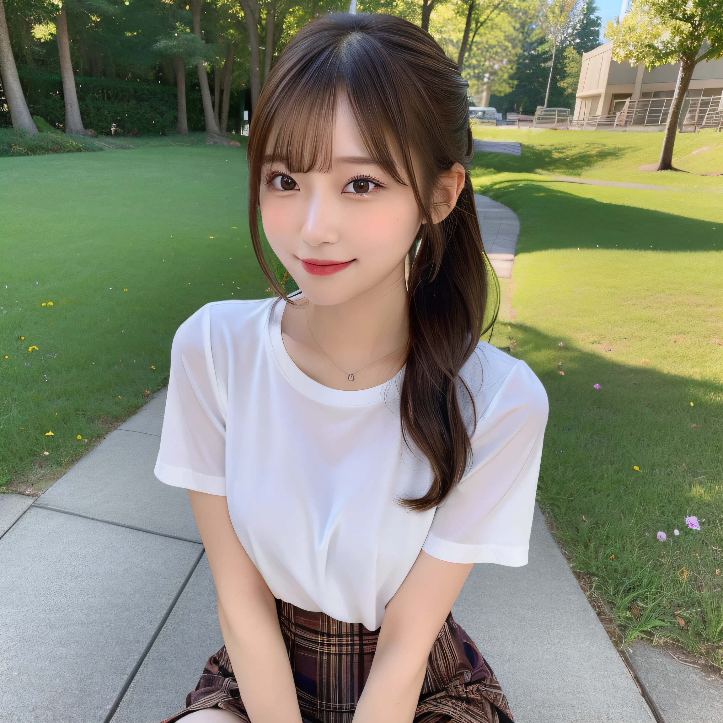 NSFW, 8k RAW photo, top-quality:1.1, ​masterpiece:1.3, 超A high resolution, film grains, filmg, 1girl, looking at the viewers, natural skin textures, realistic eyes and face details:1.1, Full lips, fluffy hair, Shy smile, ample breasts, The shirt, Beautiful natural places,full bodyesbian、Around the position of the flower, (细致背景), Plaid skirt, white  shirt,(Brown medium hair,Bangs), (touch hair:1.4),nogizaka,beautiful legs:1.1,poneyTail