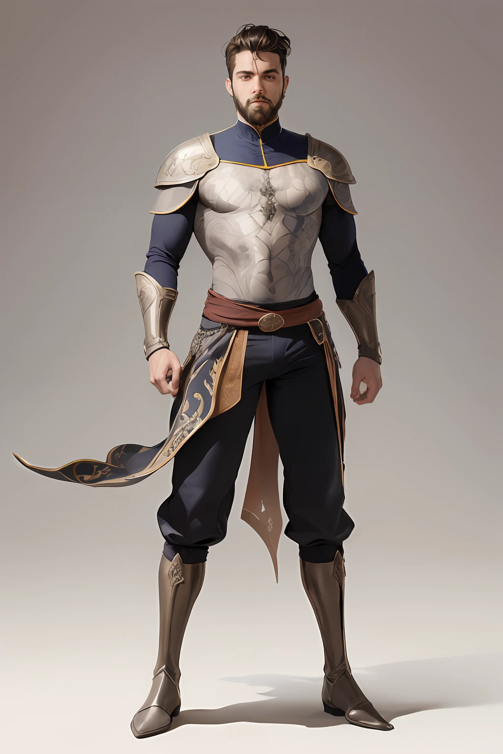 Dynamic drawing showing a young man, cabelo curto, cabelos preto, (armadura medieval, fantasia (Trousers), (camiseta escura), (roupa escura cobrindo o corpo todo), Botas), (barba curta no rosto), (olhos escuros), (folha de design de personagem), pose reference. 8k, alta qualidade, extremely high-resolution, 4k, disco Rigido, (rosto bem desenhado), amazing face, (super detalhado)