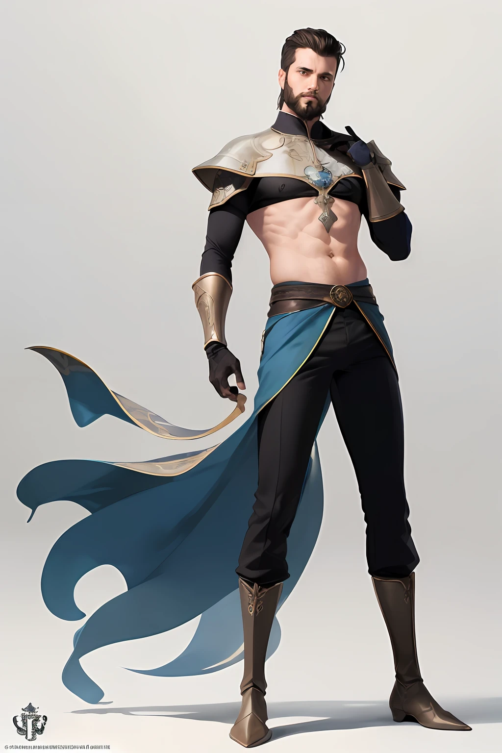 Dynamic drawing showing a young man, cabelo curto, cabelos preto, (armadura medieval, fantasia (Trousers), (camiseta escura), (roupa escura cobrindo o corpo todo), Botas), (barba curta no rosto), (olhos escuros), (folha de design de personagem), pose reference. 8k, alta qualidade, extremely high-resolution, 4k, disco Rigido, (rosto bem desenhado), amazing face, (super detalhado)