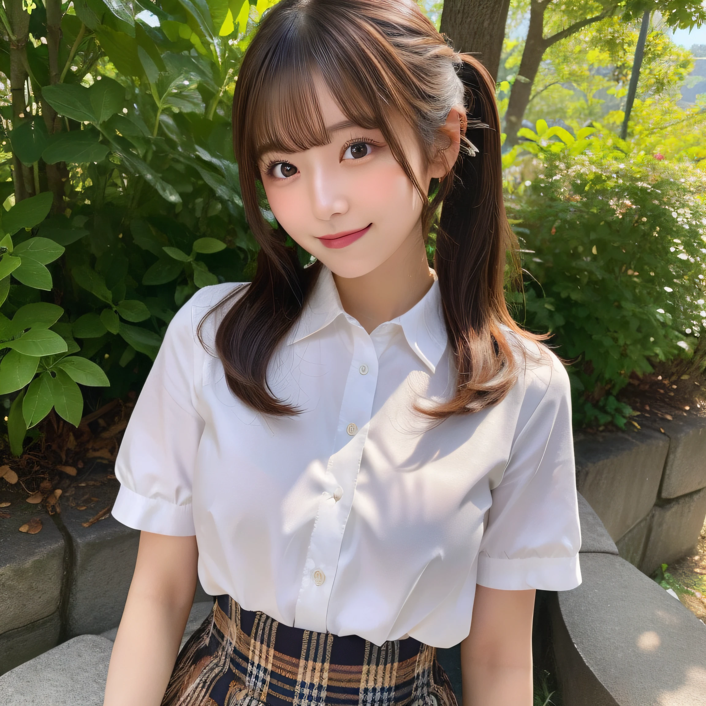 NSFW, 8k RAW photo, top-quality:1.1, ​masterpiece:1.3, 超A high resolution, film grains, filmg, 1girl, looking at the viewers, natural skin textures, realistic eyes and face details:1.1, Full lips, fluffy hair, Shy smile, ample breasts, The shirt, Beautiful natural places,full bodyesbian、Around the position of the flower, (细致背景), Plaid skirt, white  shirt,(Brown medium hair,Bangs), (touch hair:1.4),nogizaka,beautiful legs:1.1,poneyTail