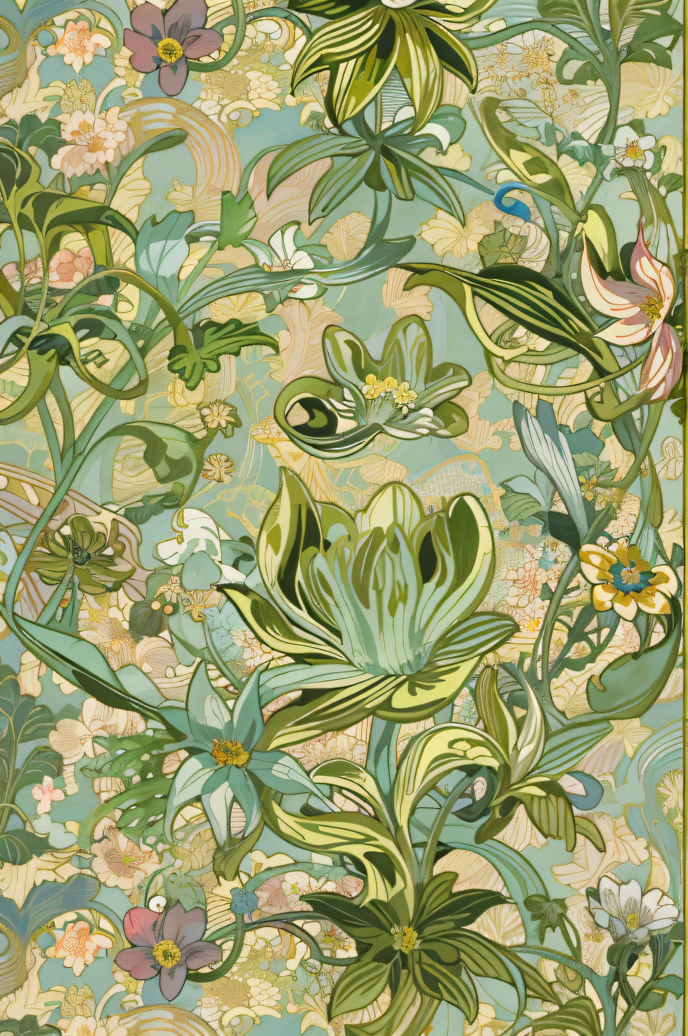 There are pictures of wallpaper with flowers and leaves, ornate floral, Gorgeous flowers, Inspired by Louis-Michel van Lo, Wallpaper Design, flora, Flower motives, Brown flowers, Inspired by Johan Zoffany, Gold Flower, inspired by Charles-André van Loo, floral motif, Baroque Digital Painting, background art nouveau, Art Nouveau、Repeat up, Down, Left and right、masutepiece、8K、high-level image quality、Beautiful flowers、Smoke Mute Color
