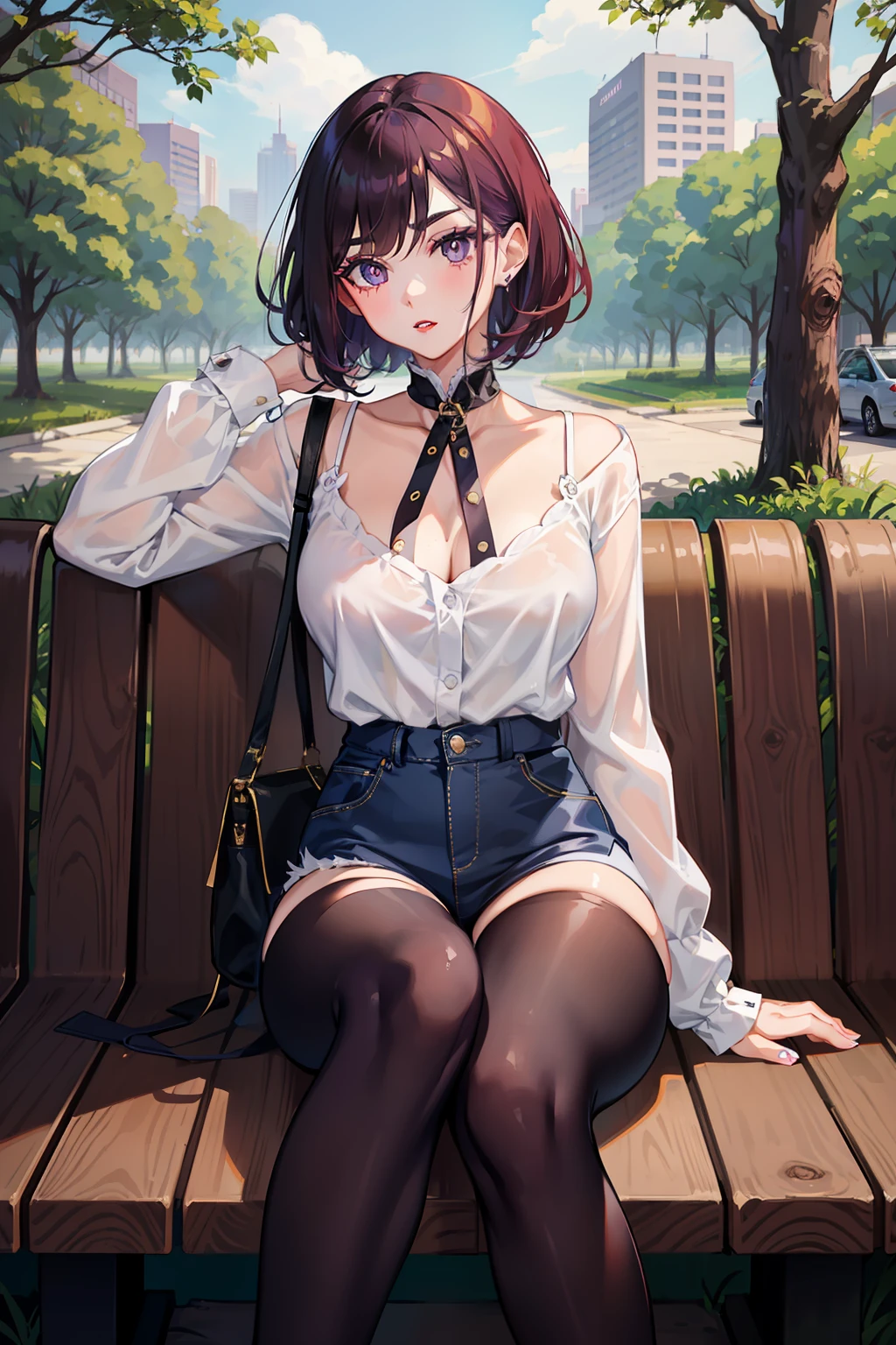 She has purple pupils，Slender eyelashes，Pale red lips。Shallow eyebrows