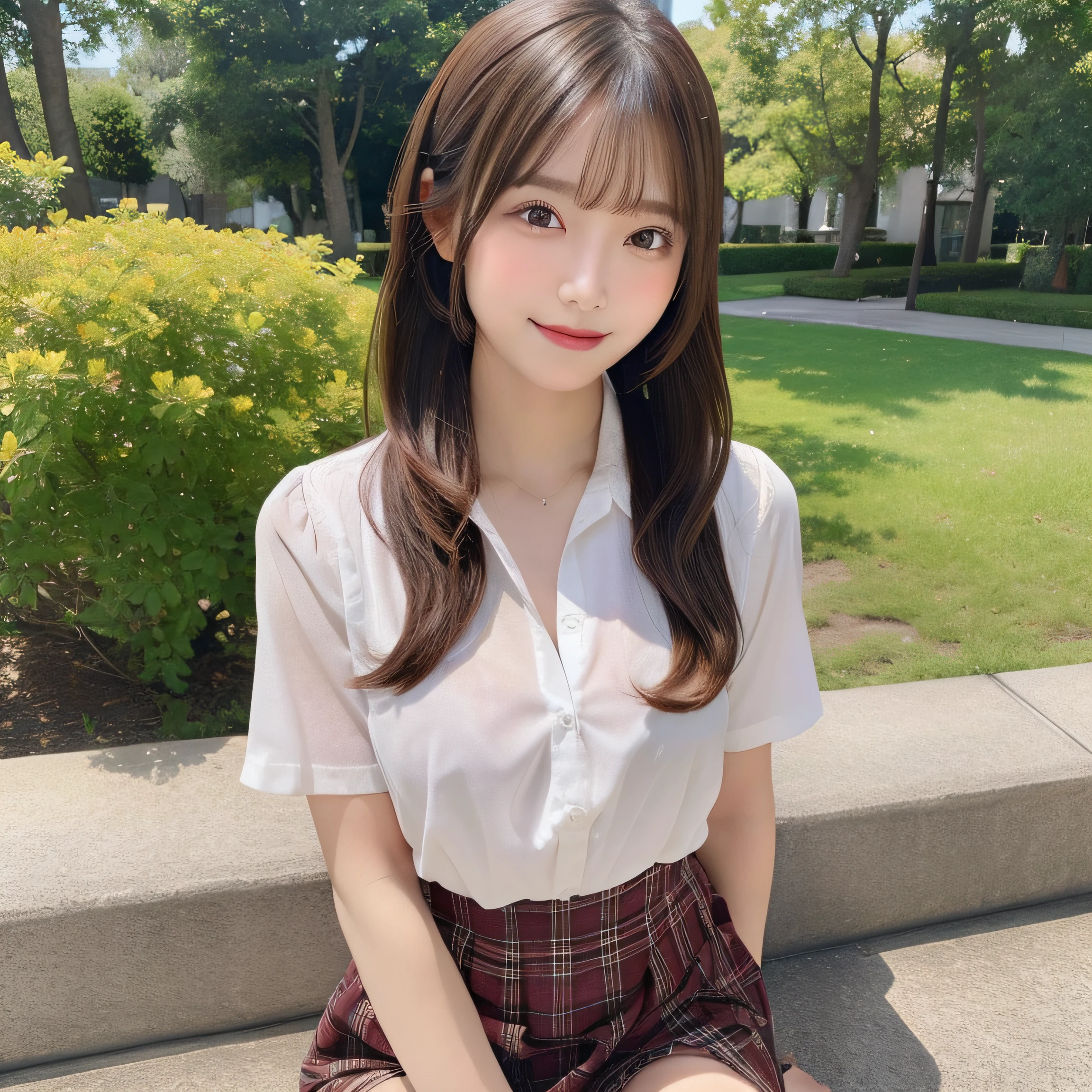 NSFW, 8k RAW photo, top-quality:1.1, masterpiece:1.3, 超A high resolution, film grains, filmg, 1girl, looking at the viewers, natural skin textures, realistic eyes and face details:1.1, Full lips, fluffy hair, Shy smile, ample breasts, The shirt, Beautiful natural places,full bodyesbian、Around the position of the flower, (细致背景), Plaid skirt, white shirt,(Brown medium hair,Bangs), (touch hair:1.4),nogizaka,beautiful legs:1.1,poneyTail