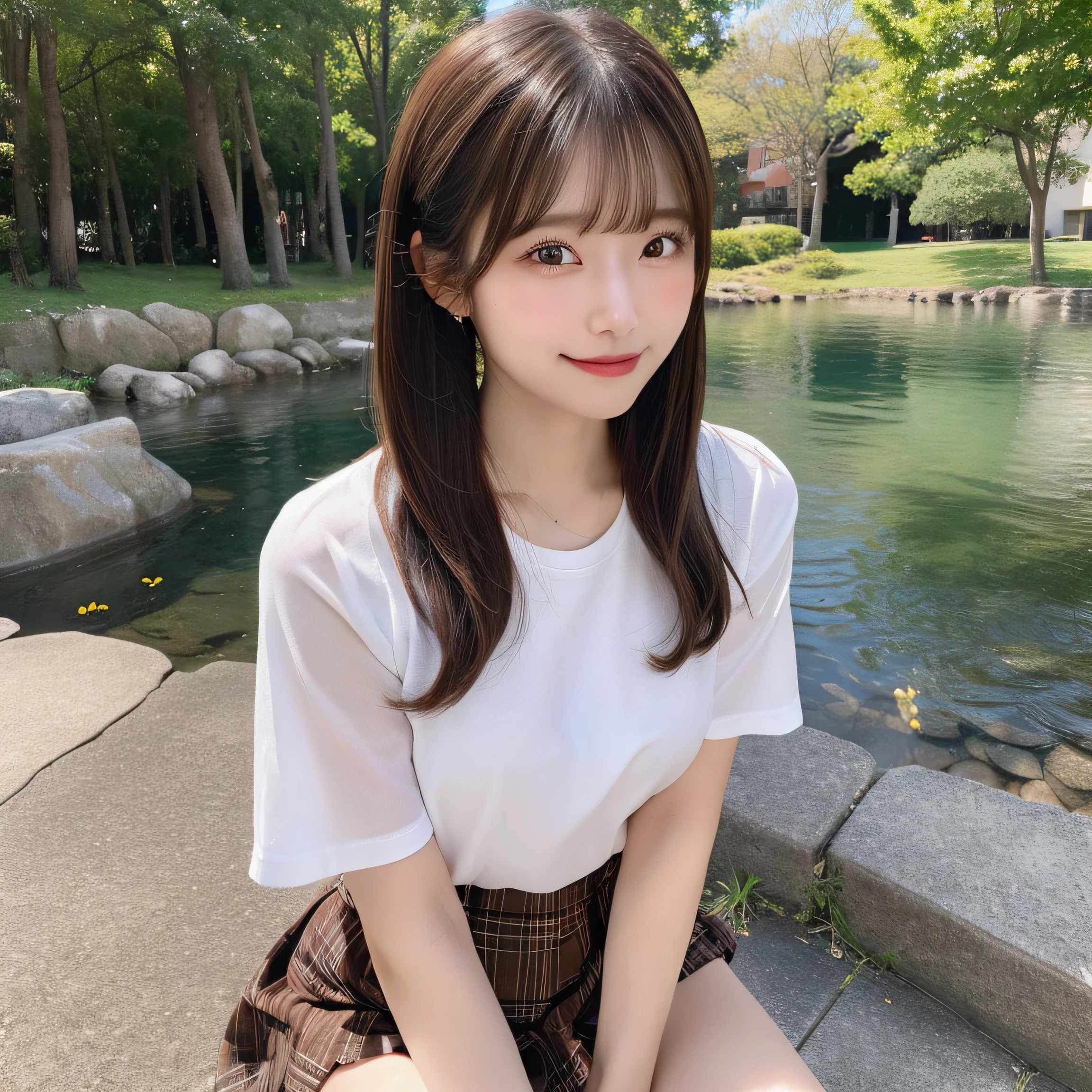 NSFW, 8k RAW photo, top-quality:1.1, ​masterpiece:1.3, 超A high resolution, film grains, filmg, 1girl, looking at the viewers, natural skin textures, realistic eyes and face details:1.1, Full lips, fluffy hair, Shy smile, ample breasts, The shirt, Beautiful natural places,full bodyesbian、Around the position of the flower, (细致背景), Plaid skirt, white  shirt,(Brown medium hair,Bangs), (touch hair:1.4),nogizaka,beautiful legs:1.1,poneyTail