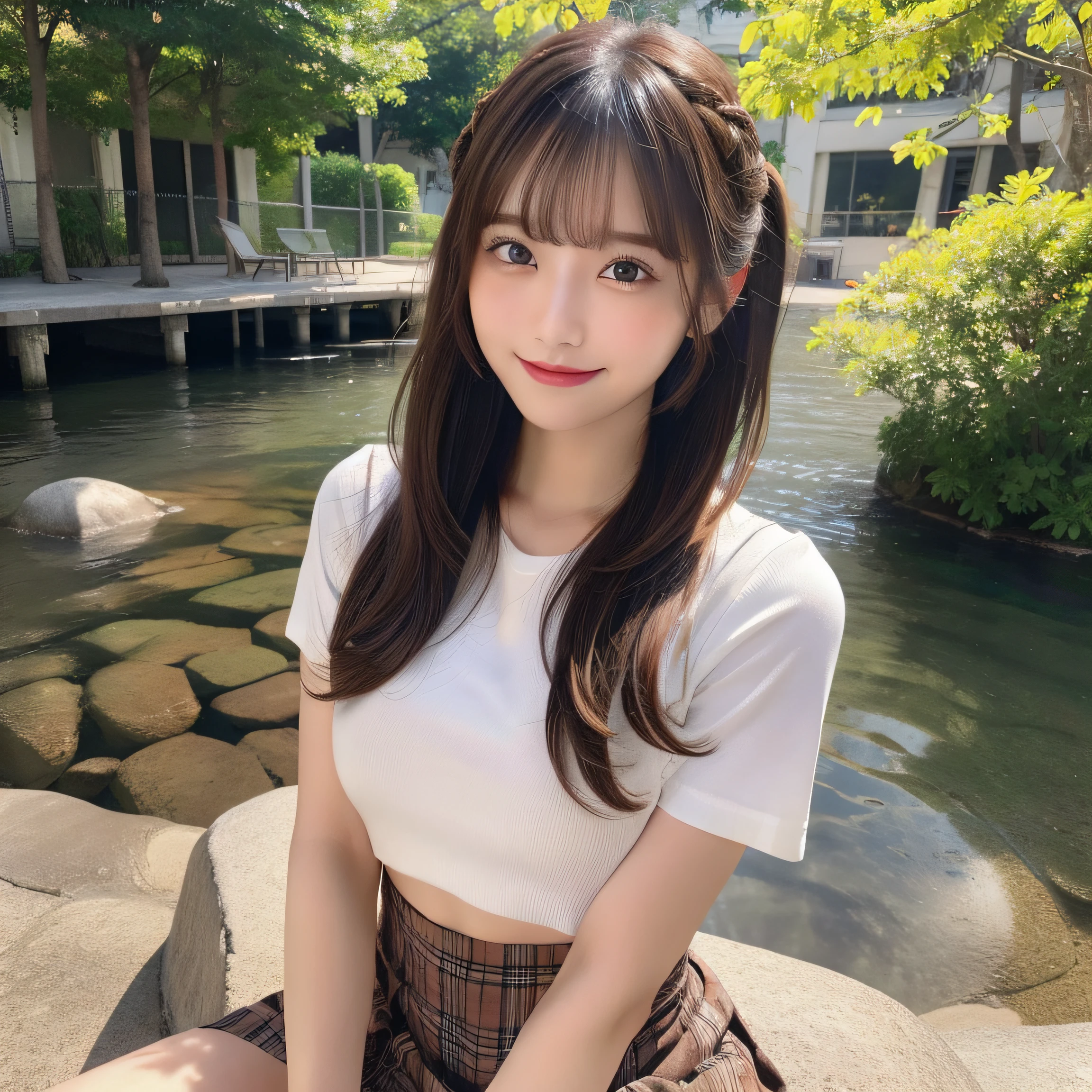 NSFW, 8k RAW photo, top-quality:1.1, masterpiece:1.3, 超A high resolution, film grains, filmg, 1girl, looking at the viewers, natural skin textures, realistic eyes and face details:1.1, Full lips, fluffy hair, Shy smile, ample breasts, The shirt, Beautiful natural places,full bodyesbian、Around the position of the flower, (细致背景), Plaid skirt, white shirt,(Brown medium hair,Bangs), (touch hair:1.4),nogizaka,beautiful legs:1.1,poneyTail