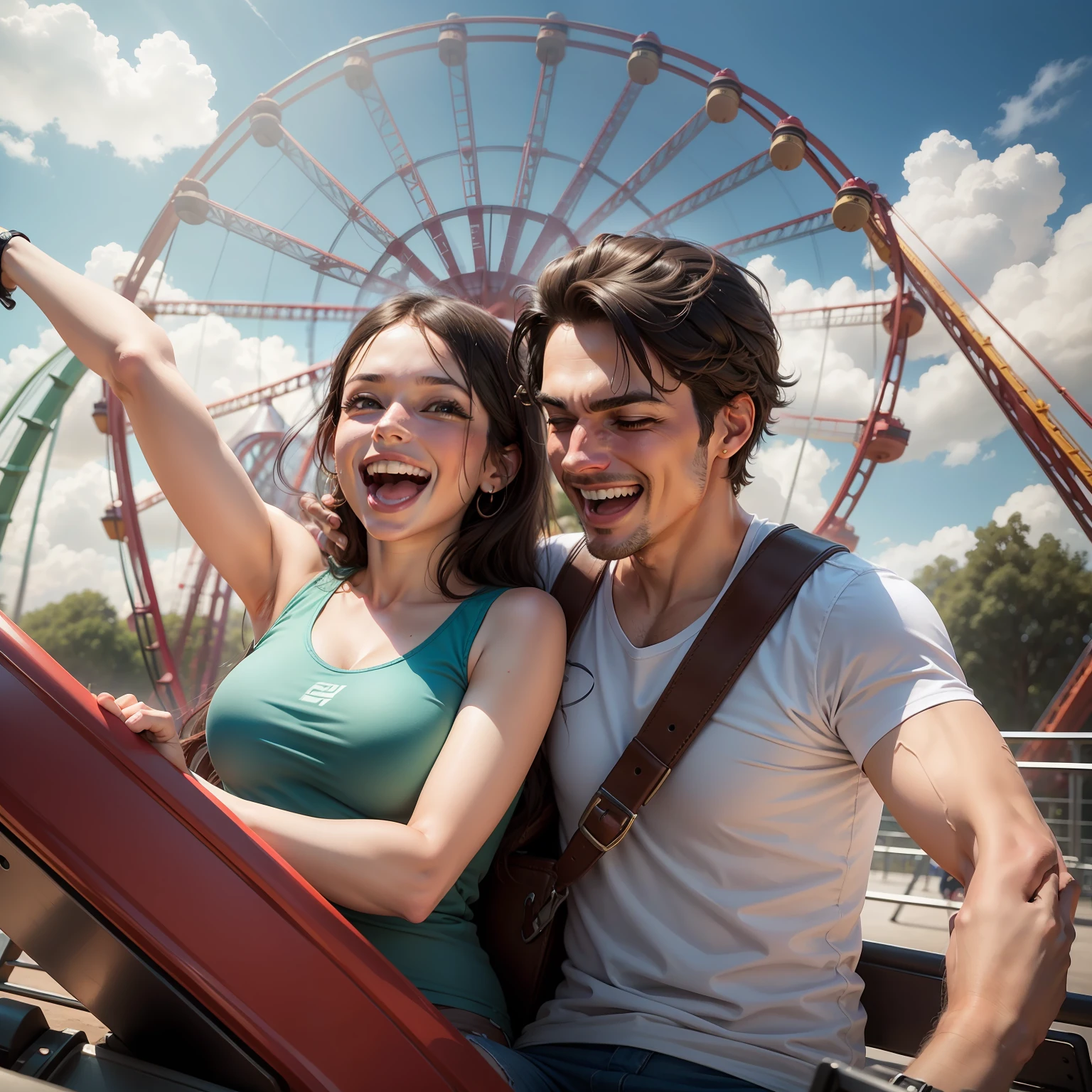 Husband and wife at an amusement park, rindo e se divertindo em uma montanha-russa