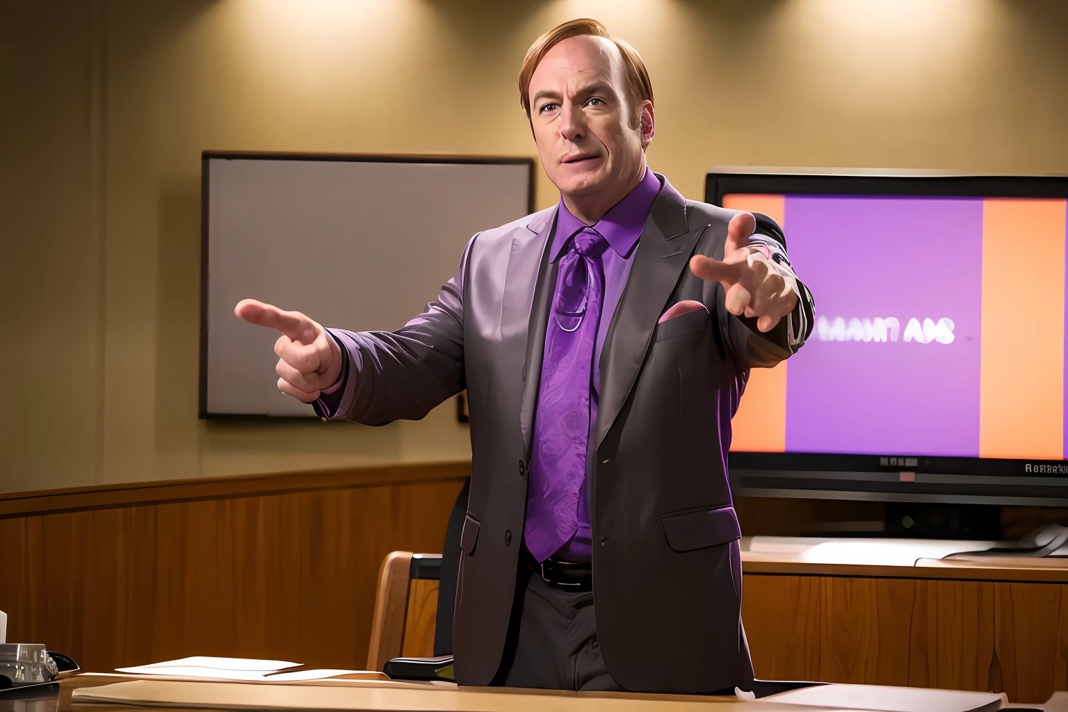 (8k, RAW photo, best quality, masterpiece:1.2), (realistic, photo-realistic:1.37),  man,  Saul, purple suit , ( pointing forefinger at viewer:1.3), confident, in court,