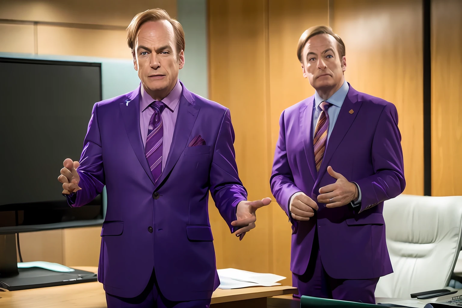 (8k, RAW photo, best quality, masterpiece:1.2), (realistic, photo-realistic:1.37),  man,  Saul, purple suit , ( pointing forefinger at viewer:1.3), confident, in court,