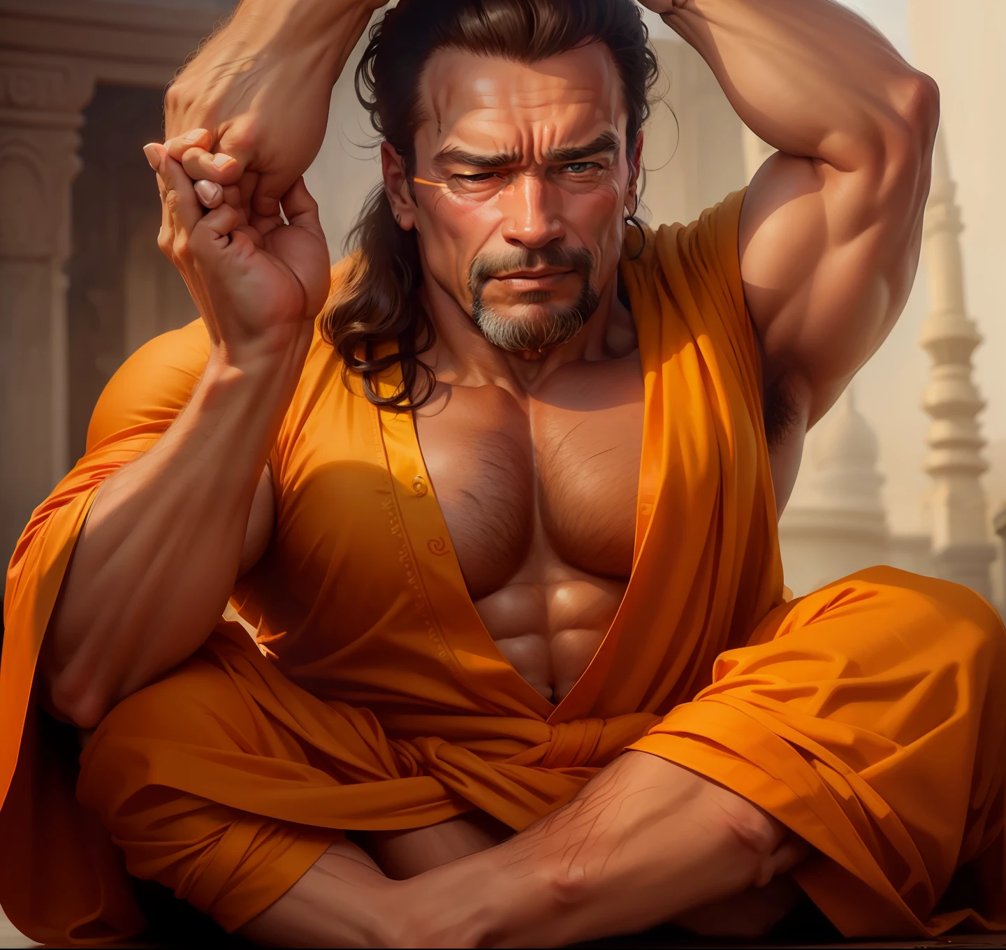 Arnold Schwarzenegger wearing saffron kurta praying God hands folded holy place in India no kortun onli normal realistic