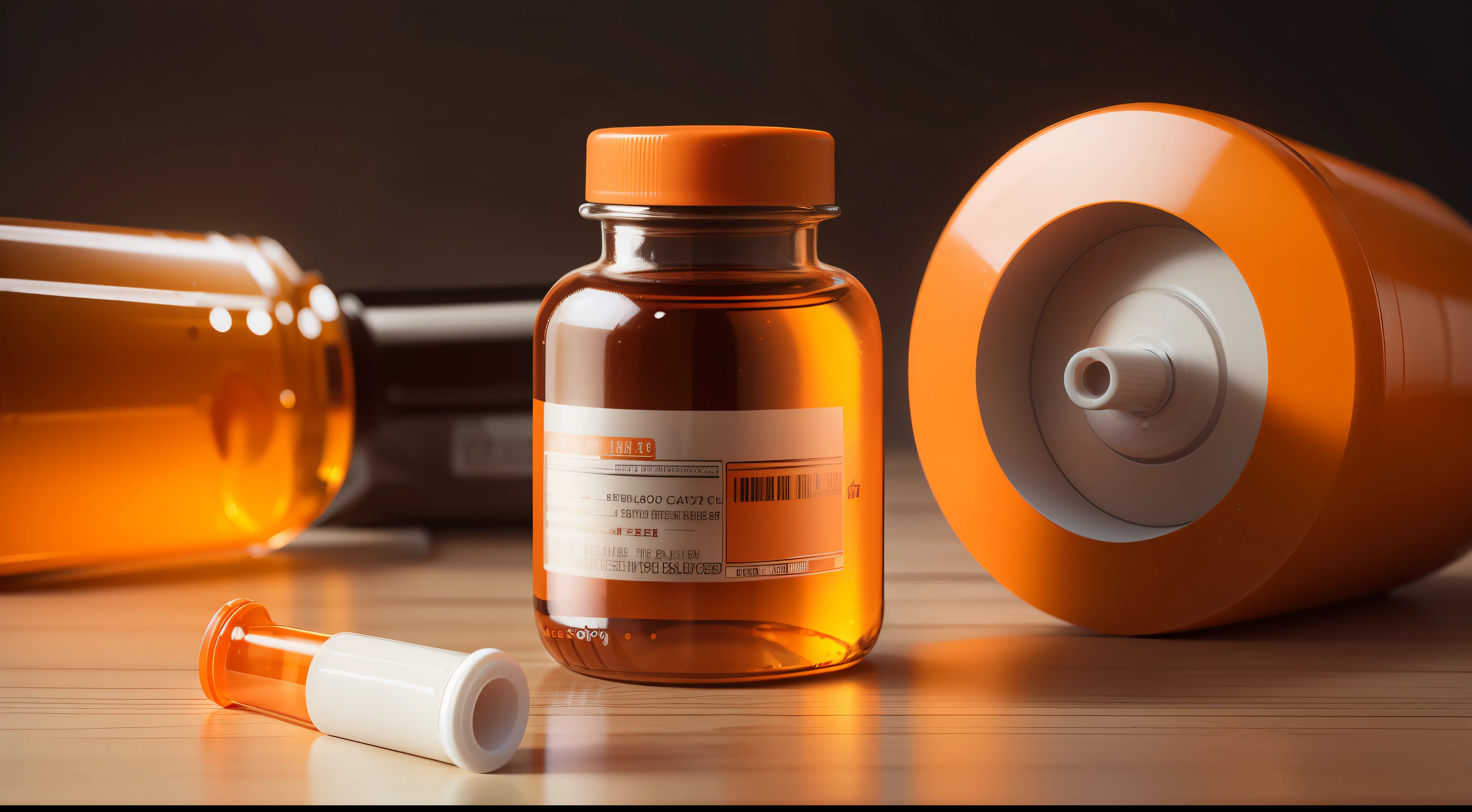 super realistic, One bottle of medicine , made of durable and orange plastic, allowing your content to be viewed internally. The predominant color of the bottle is orange. there is a white label, realistic