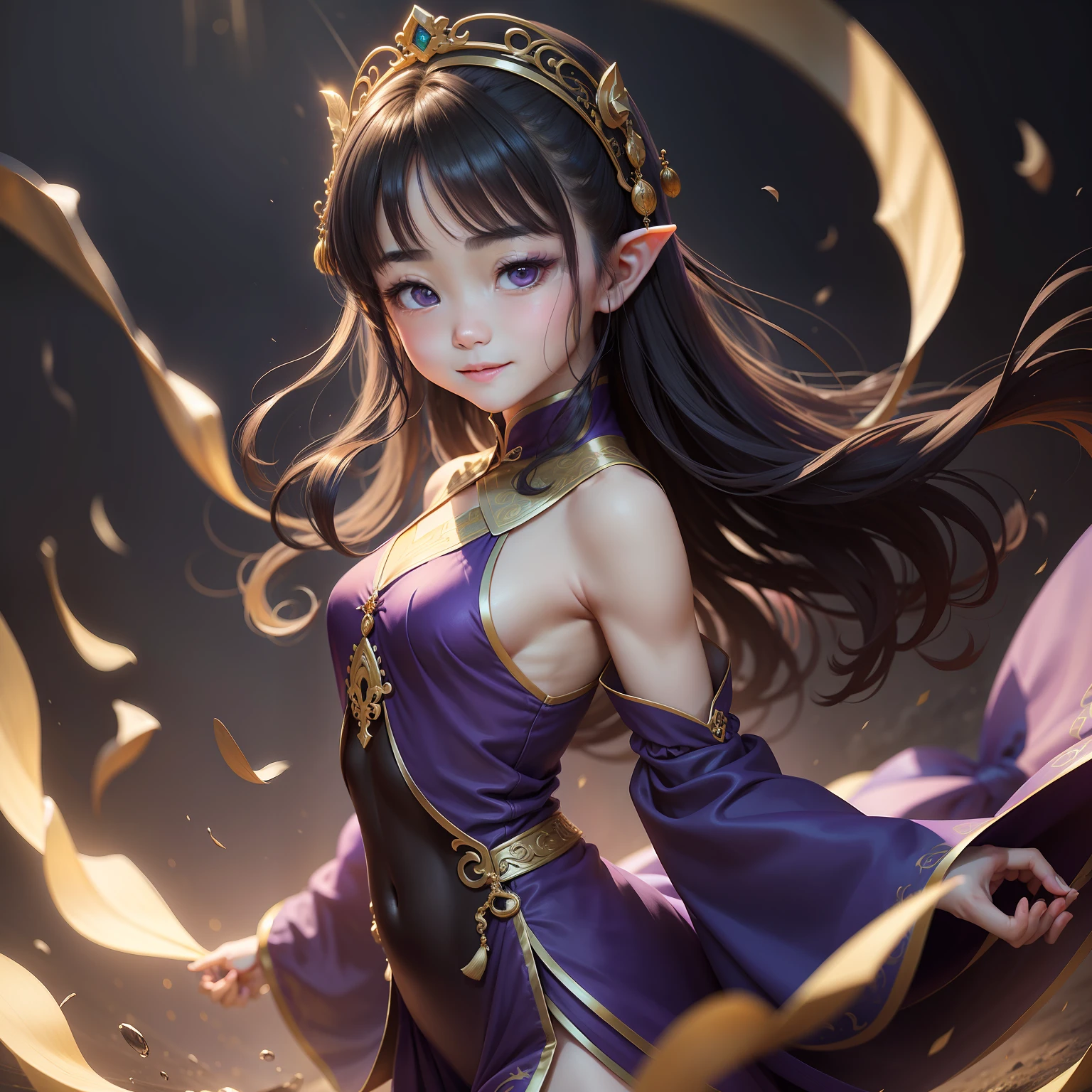 The girl was dressed in purple，Seventeen or eighteen years old，Dai brow curved，Eyes contain aura，A pair of big eyes fluttered，Yunna Shenxiu，Small dimples appear between light laughter，Very beautiful，Like an elf under the night moon, he is smart and agile。The girl's eyes were like water，Dark hair like clouds，Purple clothes dance lightly，It's like riding the wind，Like a fairy, it is dusty and bright，Dai Mei condenses poetry，No human fireworks。The skin is as white as ivory，Shimmering shine，Hair fluttering，Big eyes like black gems。
She has an indescribable temperament，But when she smiled，But it's a different style，Eye waves，Gu Panshenghui，There is a small dimple on the left cheek，It looks very touching and playful。[2]