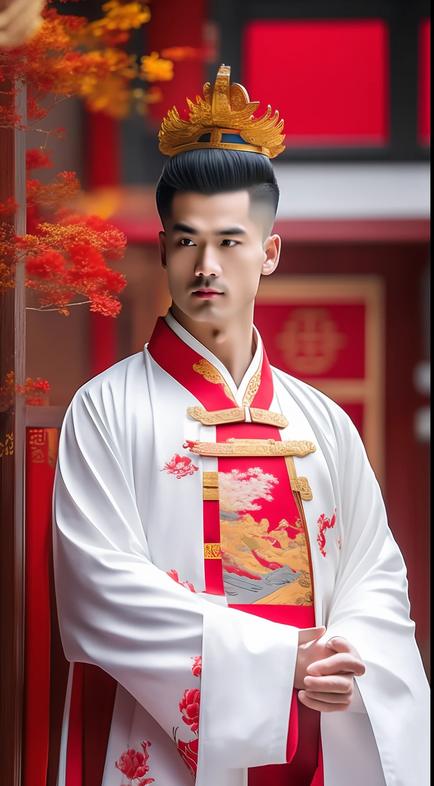 Masterpiece, Highest quality, (solofocus),, (High detail: 1.1),dojo，Red and yellow robes，The male， Man, chinese crown, 1人,and white hair,超高分辨率 , Detailed background, realisticlying, wearing a detailed and intricate xianxia antique outfit