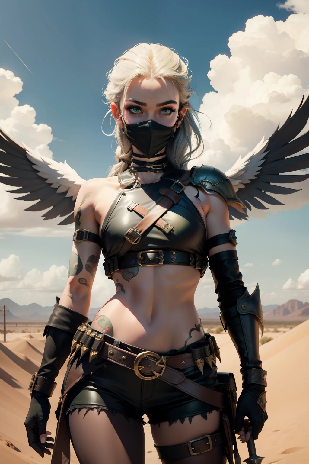 (cowboy shot), (masterpiece), (best quality:1.0), (ultra highres:1.0), highly detailed face and eyes,
BREAK
ShayeraDC, green eyes, mask, metal wings, wings, holding weapon, large spiked mace
green and gold crop top, shoulder pauldron, gauntlets, pantyhose, midriff, belt,
BREAK
desert, clouds