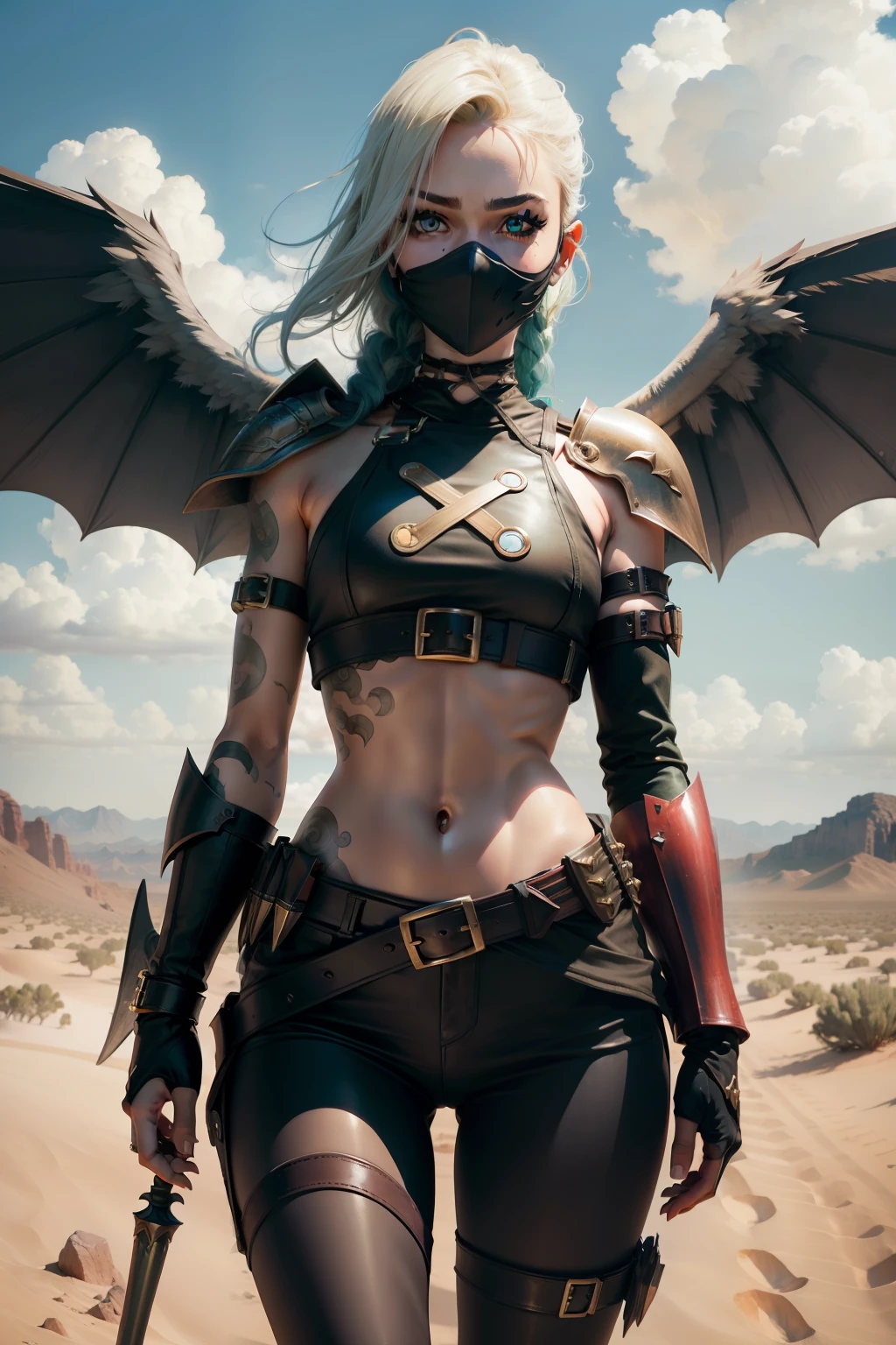 (cowboy shot), (masterpiece), (best quality:1.0), (ultra highres:1.0), highly detailed face and eyes,
BREAK
ShayeraDC, green eyes, mask, metal wings, wings, holding weapon, large spiked mace
green and gold crop top, shoulder pauldron, gauntlets, pantyhose, midriff, belt, 
BREAK
desert, clouds