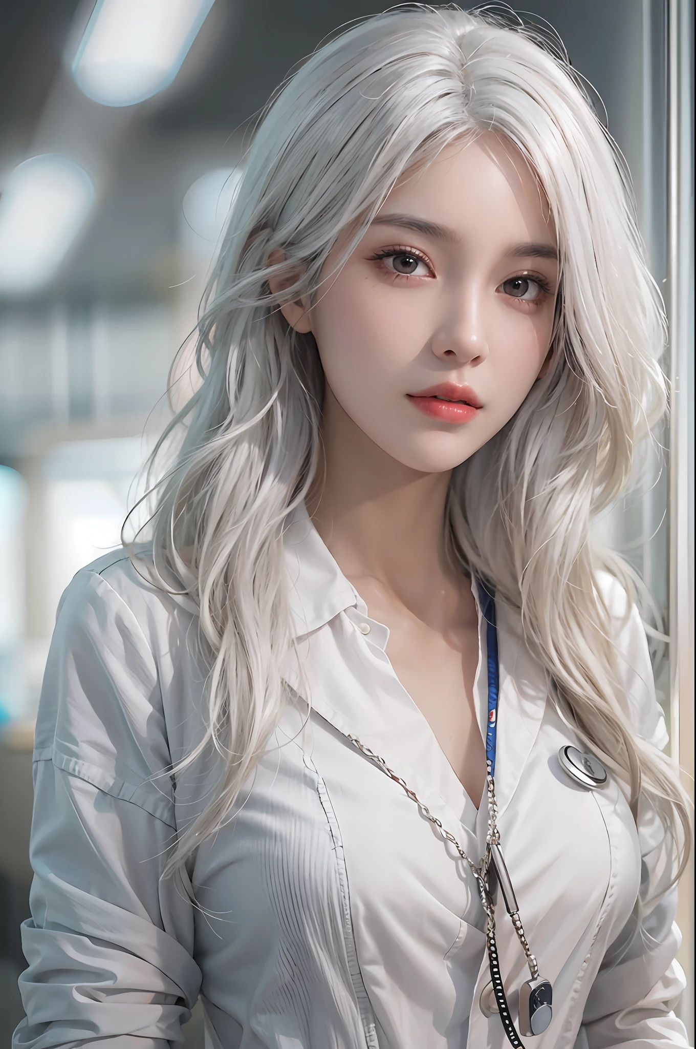 photorealistic, high resolution, soft lights, 1women, shiny skin, finely detailed skin, solo, hips up, look at viewer, (detailed face), white hair, long hair, doctor outfit