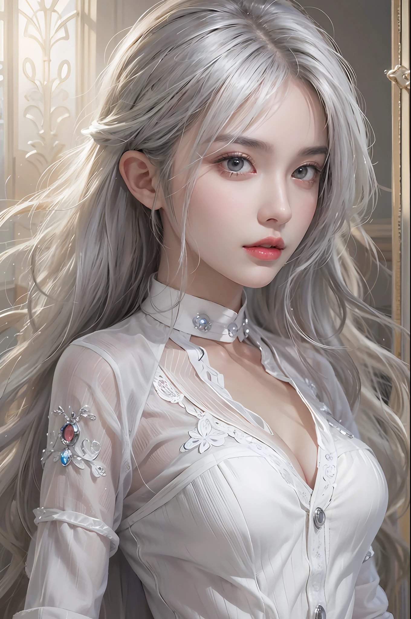 photorealistic, high resolution, soft lights, 1women, shiny skin, finely detailed skin, solo, hips up, look at viewer, (detailed face), white hair, long hair, doctor outfit