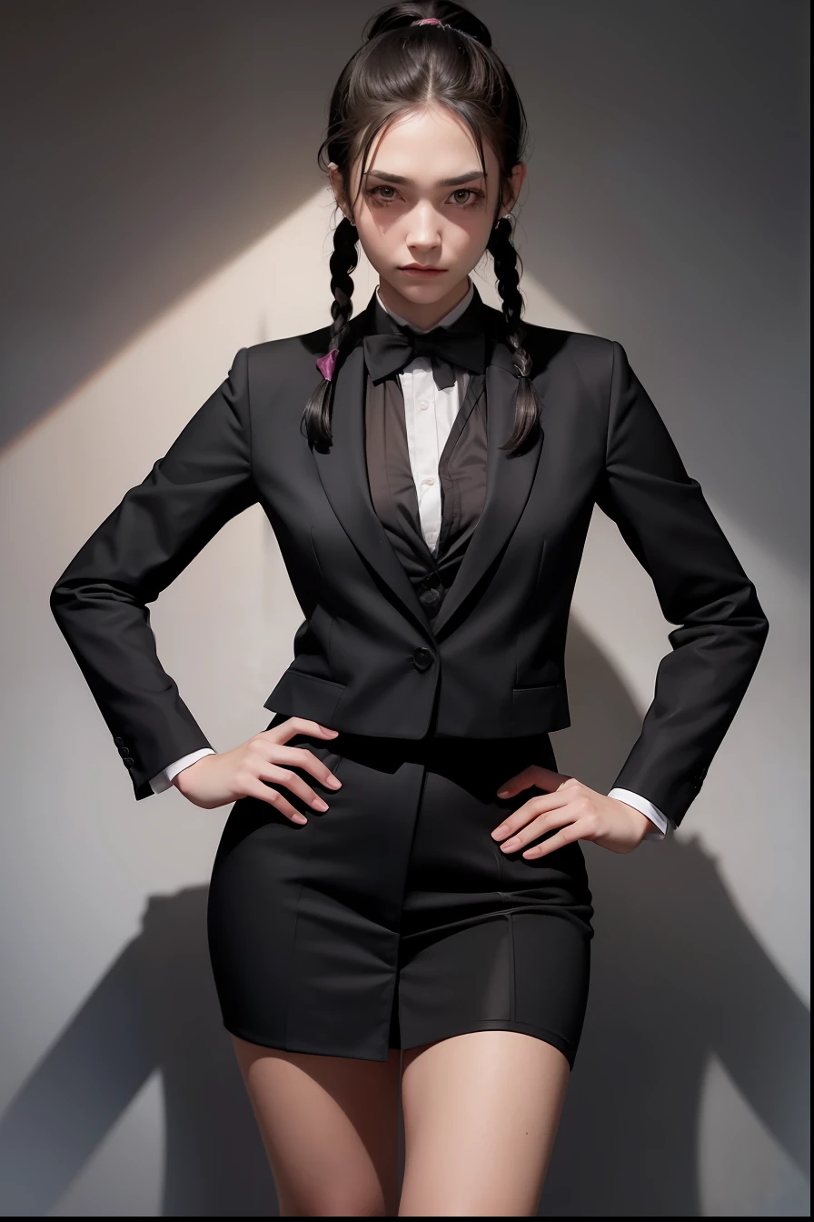 best quality, masterpiece, woman, braided pigtails, Dark hair, dark eyes, black shirt, black blazer, black tie, cynical stare, hands on hips