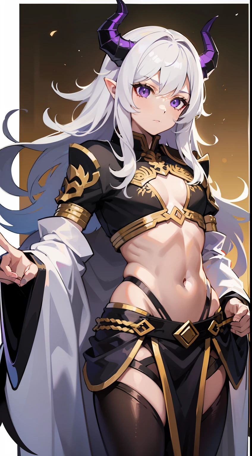 young boy, femboi, femboi , Long white hair, dragon horns, Heteroromy, left purple, and the right golden eye, White transparent robe, open torso, White tattoo, Masterpiece, hiquality