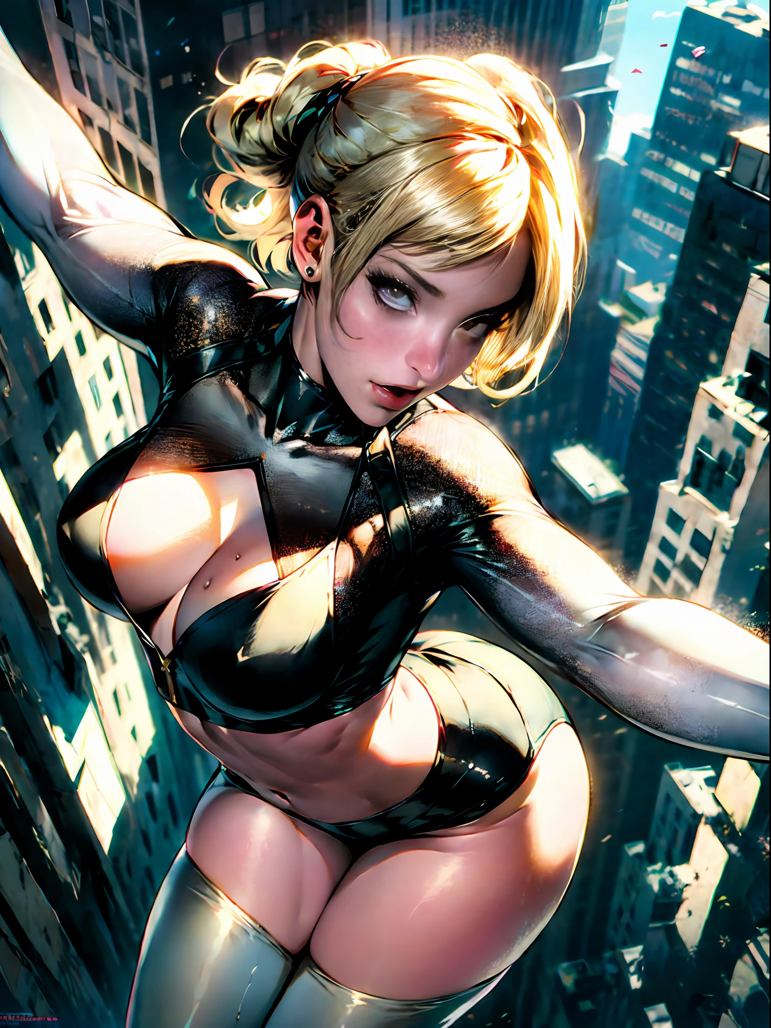 Gwen Stacy, 1chica, medium breast 1 girl, SHORT BLONDE HAIR, very wet and damp skin with sweat, Beautiful photorealistic Cardi B as a mix half Asian half German Gwen Stacy, spider gwen, Marvel Comics, THE CHARACTER IS SWINGING ON SPIDER WEB OVER THE CITY OF MANHATTAN, with a high-angle shot with your back to the camera, superhero dynamic action , rubor,vestida de blanco y magenta , areolas sobresalientes, ojos superdetallados perfectos, dedo del pie de camello, Director de Escote, hendidura en el pecho, tea party, BDSM, high fantasy, huecograbado, lascivo, Tetono, dynamic pose, action pose, muy detallado, 8k, high resolusion, solamente, Labios Bimbo, maquillaje, pechos grandes y brillantes, guantes morados, vista de arriba hacia abajo, from above angle, fotorrealista, Cine 4D, Renderizado de octanaje, Innovador, sexy, curvy but slender, Mystical aura, niebla humeante, Estilo Illuminati, use advanced machine learning to create the perfect succubus, solamente, dedo del pie de camello expuesto, Vice Magazine Photography Style, tendencia en pixiv, tendencia en civitai, Perfectcomposition, SFW, Calidad profesional, motor irreal, perfecto, Pose perfecta, perfect angle, manos perfectas dedos perfectos pechos perfectos ajuste perfecto cuerpo perfecto cara cara realista piel perfecta imagen perfecta, perfecto, SHOWING THE CITY OF MANHATTAN IN PERSPECTIVE BELOW THE CHARACTER