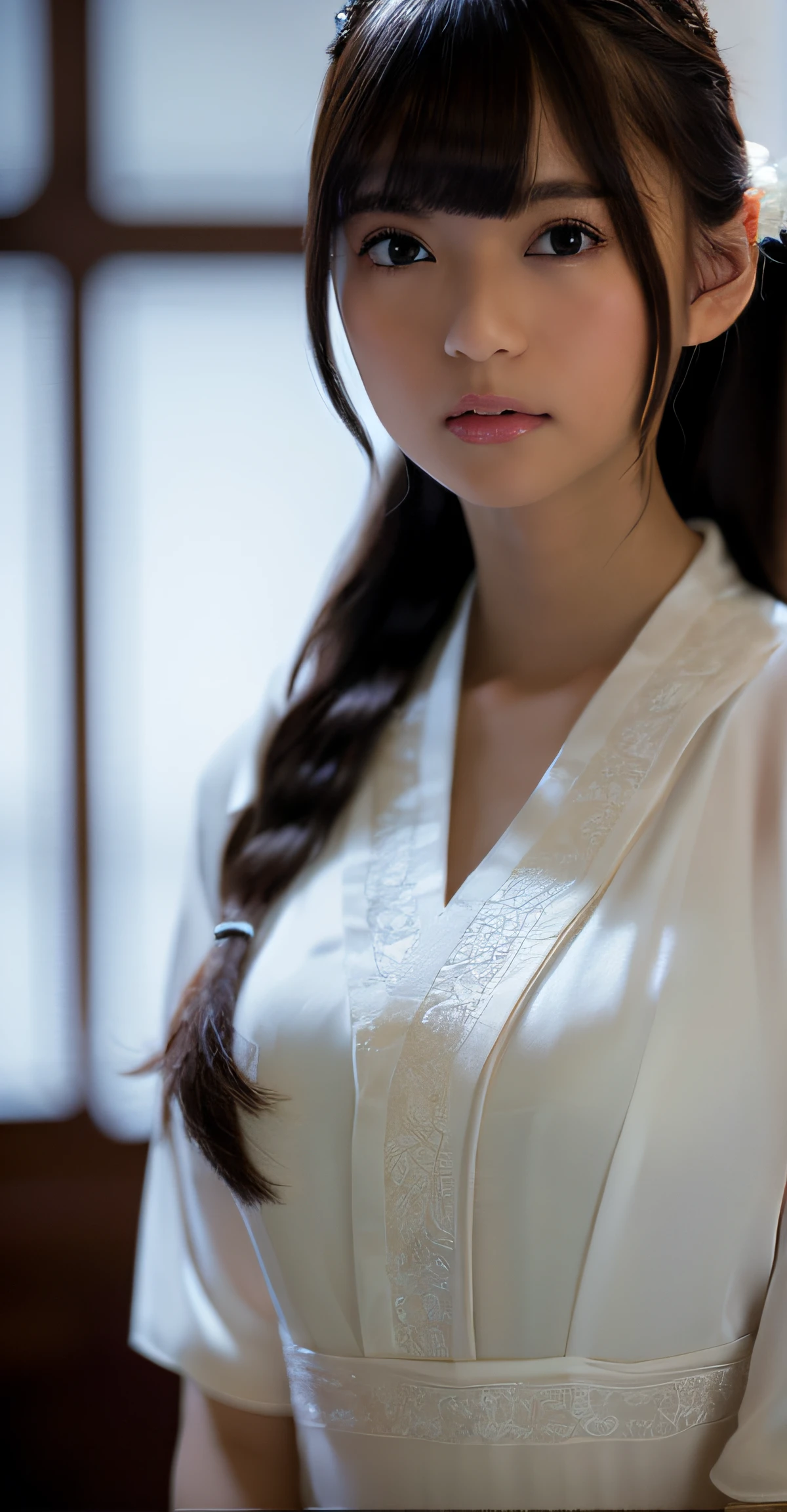 Nikon Z 85mm, ((best quality)) ((masterpiece)), intricate details, sharp focus, professional, photorealistic, real life, ultra realistic, photorealism,SILHOUETTE light,finely detail,best quality,extremely detailed CG unity 8k wallpaper,perfect artwork,upper body, shiny hair, glowing eyes, lustrous skin, realistic, perfect female figure, narrow waist, looking at viewer,lace,seductive posture, sexy pose, an extremely delicate and beautiful,best quality, beautiful detailed girl, beautiful detailed eyes,light on face,cinematic lighting,see-through,White pajamas, transparent material, revealing buttocks,a realistic representation of the face, (intricate details, makeup, (detailed beautiful delicate face, detailed beautiful delicate eyes, a face of perfect proportion, high detailed skin, detailed skin, best ratio four finger and one thumb, arms under breast, medium large breasts, smooth midriff, skiny and thin,fashion, solo ,(young), face highlight, upper body, detailed face, white skin, silver hair, ponytail, braid hair,big eyes, silk robe, (hollow pattern, silk), earrings, slim body, luxury room, professional lighting, tear robe,1 girl,Coiling hair