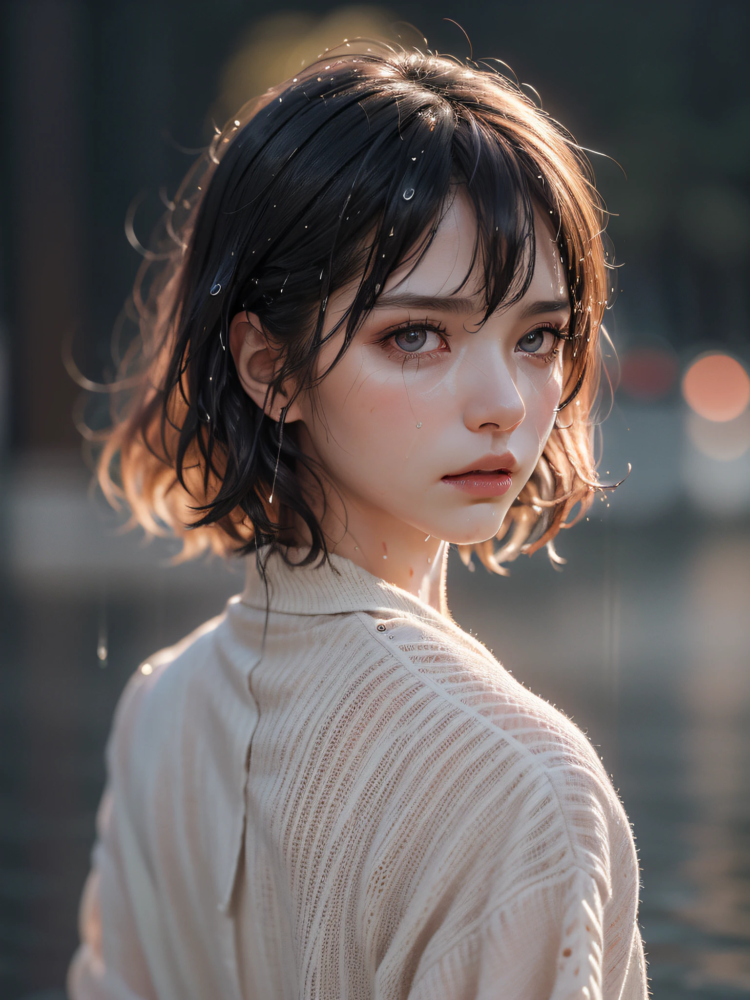 (one girl ),(night, in the dark, deep shadow, sad feeling, rain, wet, bloodshot eyes, cry), standing, fine skin, ultra-detailed face, detailed eyes, highly detailed lips, short bob hair, , best quality, masterpiece, ultra high res, (photorealistic:1.4),(portrait),