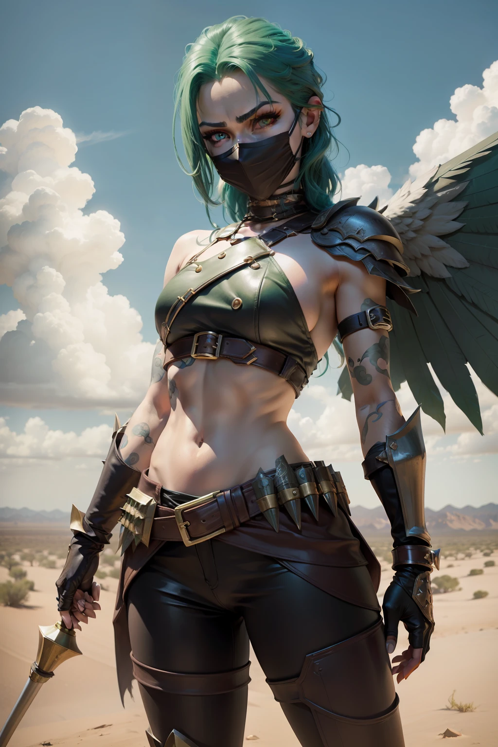 (cowboy shot), (masterpiece), (best quality:1.0), (ultra highres:1.0), highly detailed face and eyes,
BREAK
ShayeraDC, green eyes, mask, metal wings, wings, holding weapon, large spiked mace
green and gold crop top, shoulder pauldron, gauntlets, pantyhose, midriff, belt,
BREAK
desert, clouds