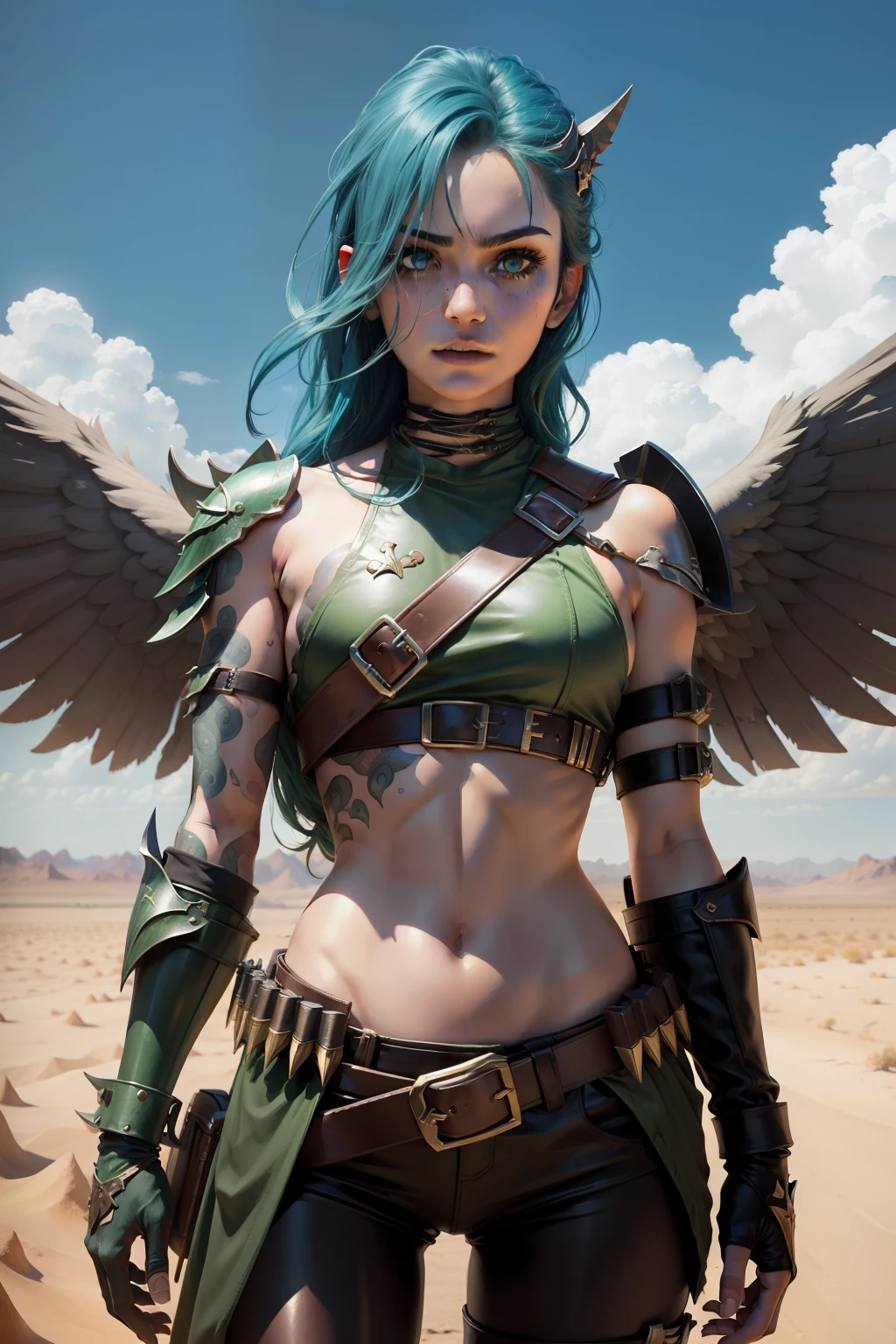 (cowboy shot), (masterpiece), (best quality:1.0), (ultra highres:1.0), highly detailed face and eyes,
BREAK
ShayeraDC, green eyes, mask, metal wings, wings, holding weapon, large spiked mace
green and gold crop top, shoulder pauldron, gauntlets, pantyhose, midriff, belt,
BREAK
desert, clouds
