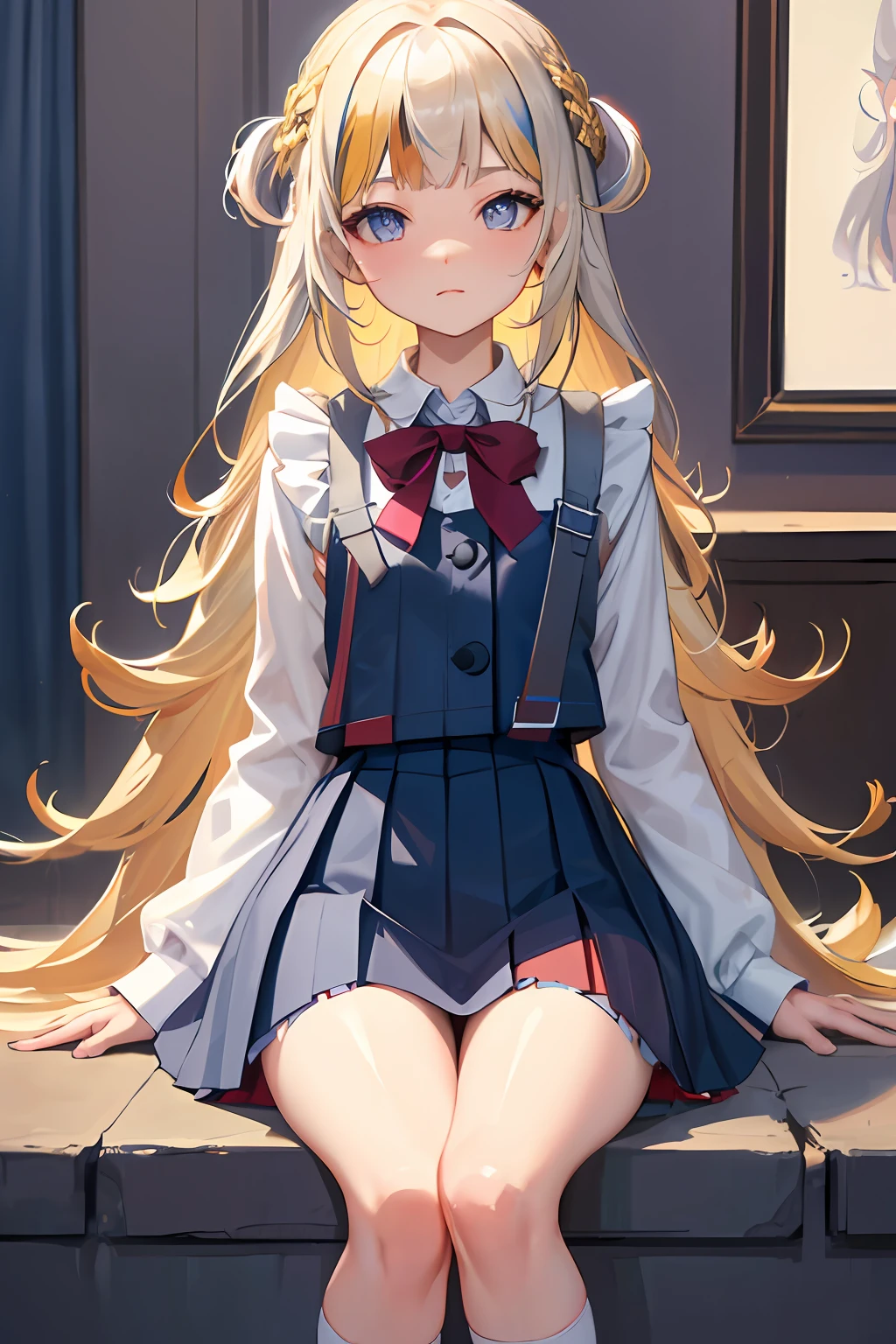 (masterpiece:1.6, best quality), (finely detailed beautiful eyes: 1.2), phyami, yamisch, 1girl, long hair, solo, school uniform, hair ornament, hair between eyes, two side up, blonde hair, very long hair, skirt, red eyes, thigh strap, sweater vest, plaid skirt, plaid, socks, two side up, hair ornament, pleated skirt, kneehighs
,