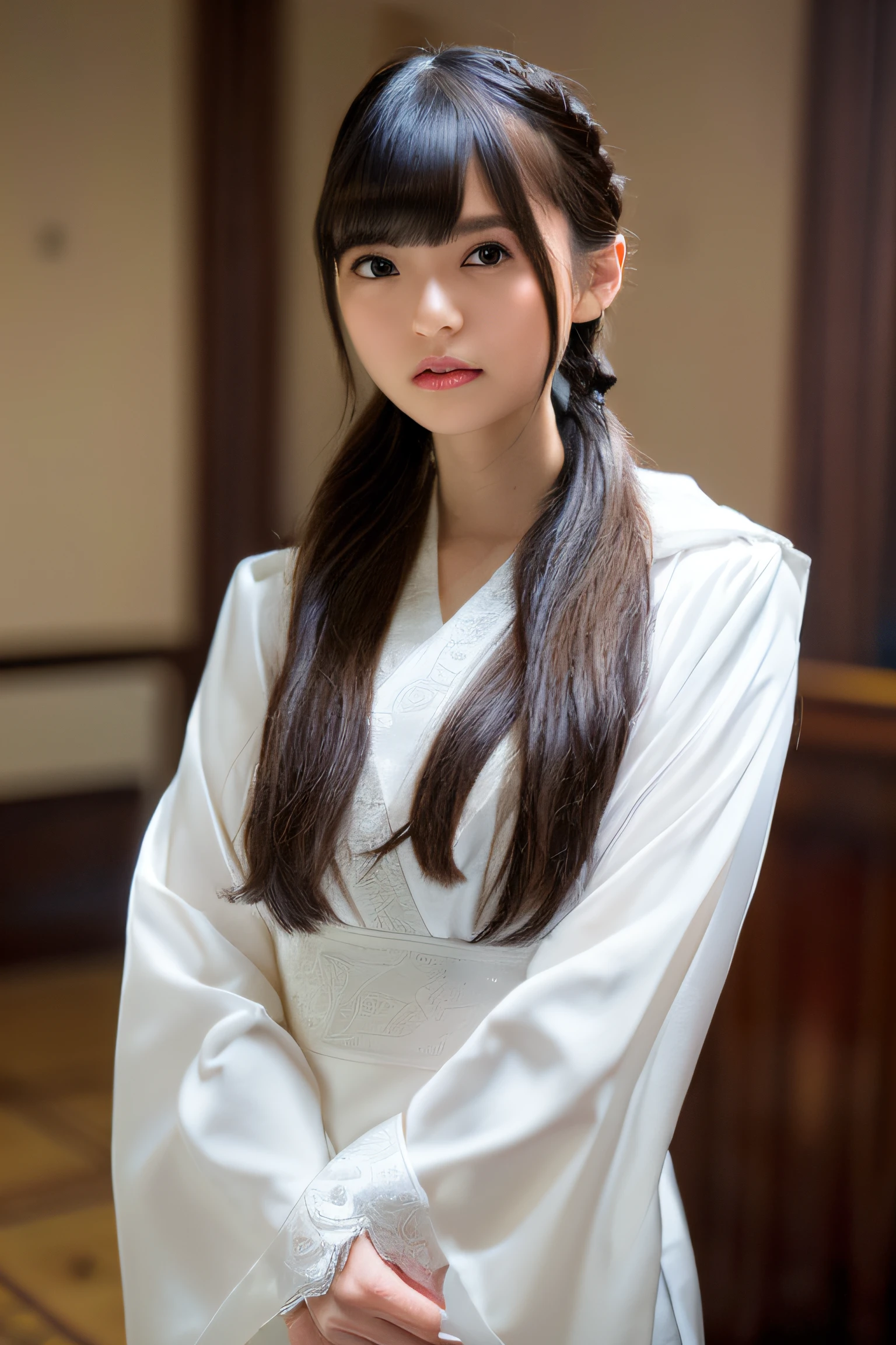 Nikon Z 85mm, ((best quality)) ((masterpiece)), intricate details, sharp focus, professional, photorealistic, real life, ultra realistic, photorealism,SILHOUETTE light,finely detail,best quality,extremely detailed CG unity 8k wallpaper,perfect artwork,upper body, shiny hair, glowing eyes, lustrous skin, realistic, perfect female figure, narrow waist, looking at viewer,lace,seductive posture, sexy pose, an extremely delicate and beautiful,best quality, beautiful detailed girl, beautiful detailed eyes,light on face,cinematic lighting,see-through,White pajamas, transparent material, revealing buttocks,a realistic representation of the face, (intricate details, makeup, (detailed beautiful delicate face, detailed beautiful delicate eyes, a face of perfect proportion, high detailed skin, detailed skin, best ratio four finger and one thumb, arms under breast, medium large breasts, smooth midriff, skiny and thin,fashion, solo ,(young), face highlight, upper body, detailed face, white skin, silver hair, ponytail, braid hair,big eyes, silk robe, (hollow pattern, silk), earrings, slim body, luxury room, professional lighting, tear robe,1 girl,Coiling hair