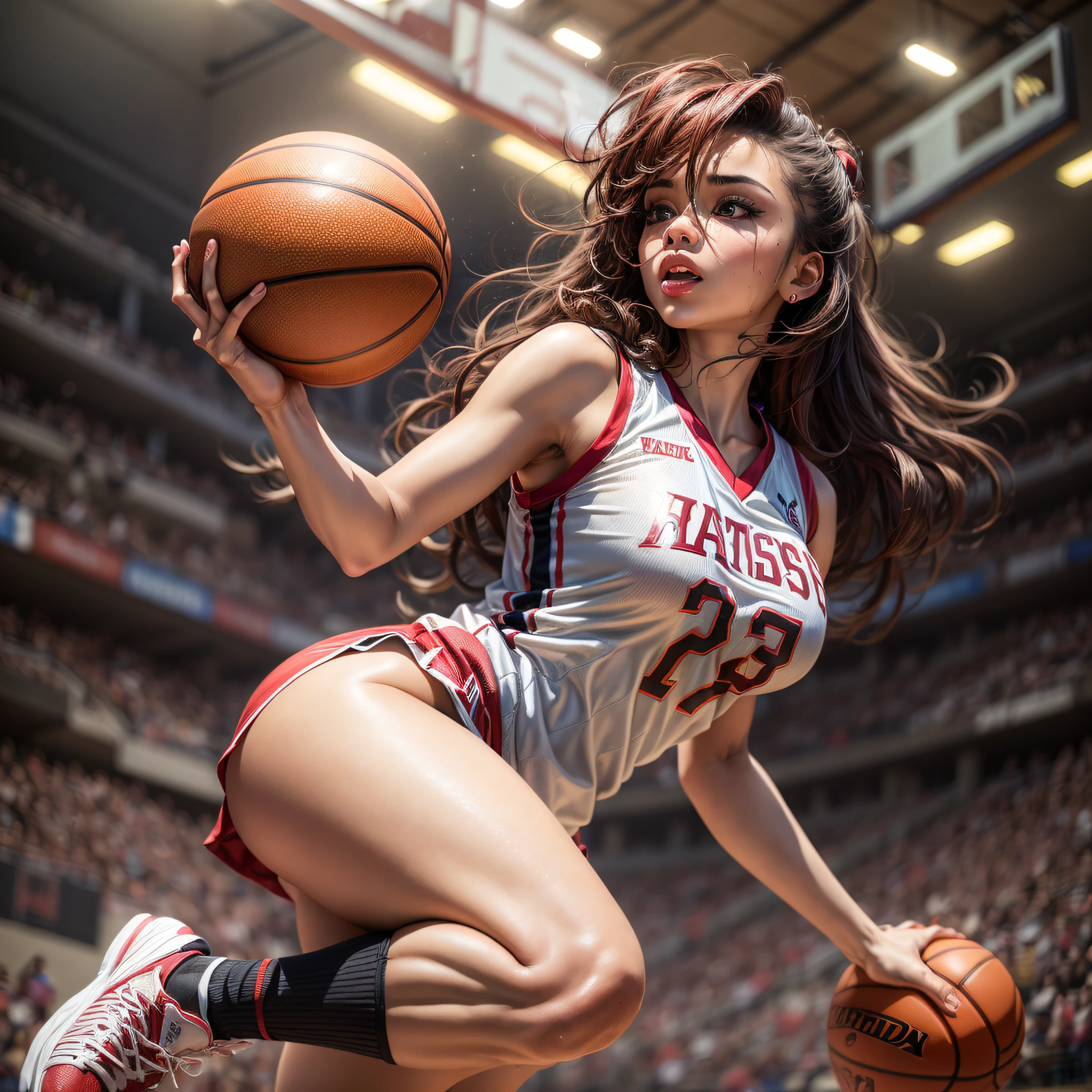 (Masterpiece:1.4),(Best Quality:1.4), ((full body)) (1basketball), picture of a young woman in a basketball jersey, ((black skin)), big breasts, hair between eyes, long hair with red streaks, oval face, double eyelids, parted lips, very light brown eyes, solo, (glowing skin: 0.8 ), Natural, Red lips, well-shaped and detailed thighs, low angle, (from bottom angle) , highly detailed skin, skin pore skin, (sfw) making a play with the ball on the basketball court.