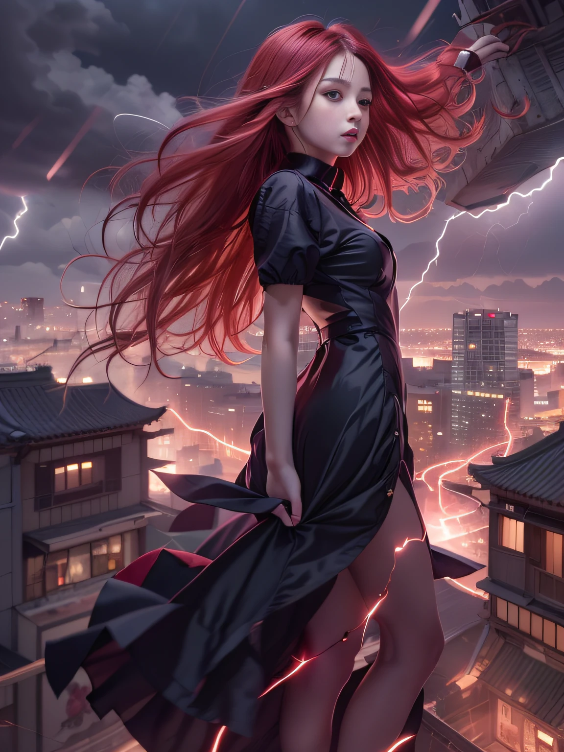 Black goth-rowley girl floating in the city with lightning,Gothloli albino girl floating in the city with one hand,Woman in black dress with red and black hair, Gothic Maiden girl, girl in black dress, 1 7 year old girl,Old Goth girl, an elegant gothic princess, artwork in the style of guweiz, in the art style of bowater, dreamy gothic girl, 8k high quality detailed art, gothic art style, wearing a gothic dress,closing,Wearing underwear,Red Eyes,Looking down,white  hair,Wind,Head tilt,White hair, Silver hair, Long hair, Blunt bangs, Straight hair, Big hair, expressive hair, (Red eyes that glow intensely:1.8), Downward eyes, (Red Eyes:1.5),small tits,Thin leg,Crazy, Disappointed,wide Shots,wide angles,sideshot,3 views,,(Close up portrait of a person in a black dress flies over the city:1.7),People fleeing the busy streets of the city lined with shops々々, busy street, Street crowded with people, photograph of the city street, japanese downtown, Traditional Cities of Japan, Busy streets,busy cityscape, bustling city, Crowded with people, Bustling streets in the moon, crowdedstreets, shutterstock, Bustling small town streets,bad weather、A huge amount of purple lightning came out of the girl's hand and hit the city,Dark clouds cover the city pierced by clouds of lightning, Lightning clouds, Atmospheric lightning, Pink lightning, With thunderstorms, Dark storm with lightning, Dramatic purple lightning, Lightning in the sky, Contrast Lightning, thunderstorm in the sky, Lightning in the background, With lightning, Stormy weather with lightning, Upper volumetriclightning,Effect of wearing purple aura,(Control a large number of lightning with open arms:1.4),Destroy the city with a girl's lightning attack,Called nose,Lightning effect on both hands,Countless balls glowing purple around the girl,goddess of lightning, Storm, Storm outside, She attracts a lot of purple lightning,