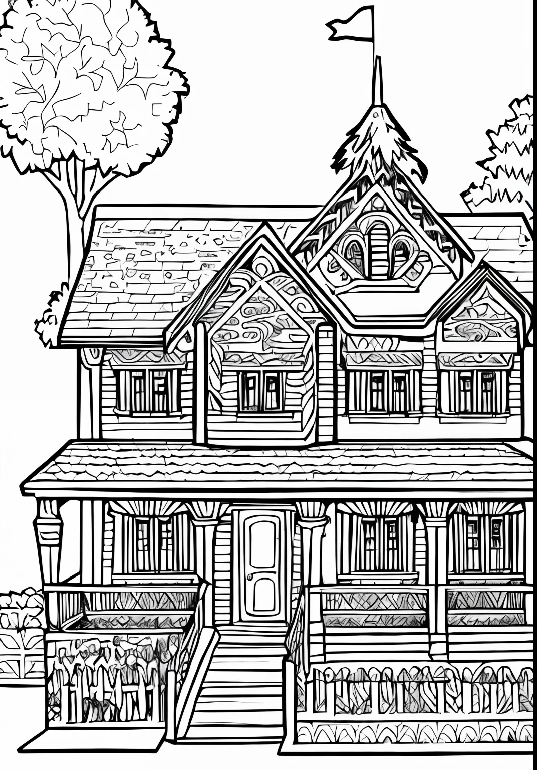 coloring page, for kids, casa mal-assombrada, linhas finas, com detalhes, preto e branco, sem sombreamento. Lineart