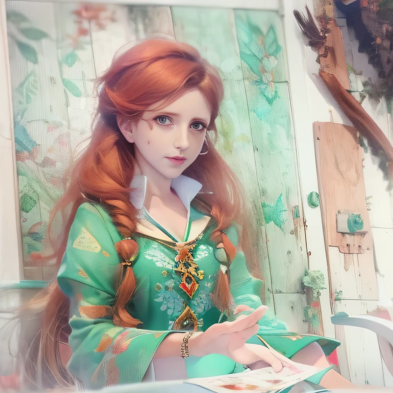 (Jogo King Card:1.5, simetria rotacional), A watercolor and pencil drawing of a girl dressed as Elza from the movie Frozen with wavy dark red hair, (LiliArt), atraente deslumbrante