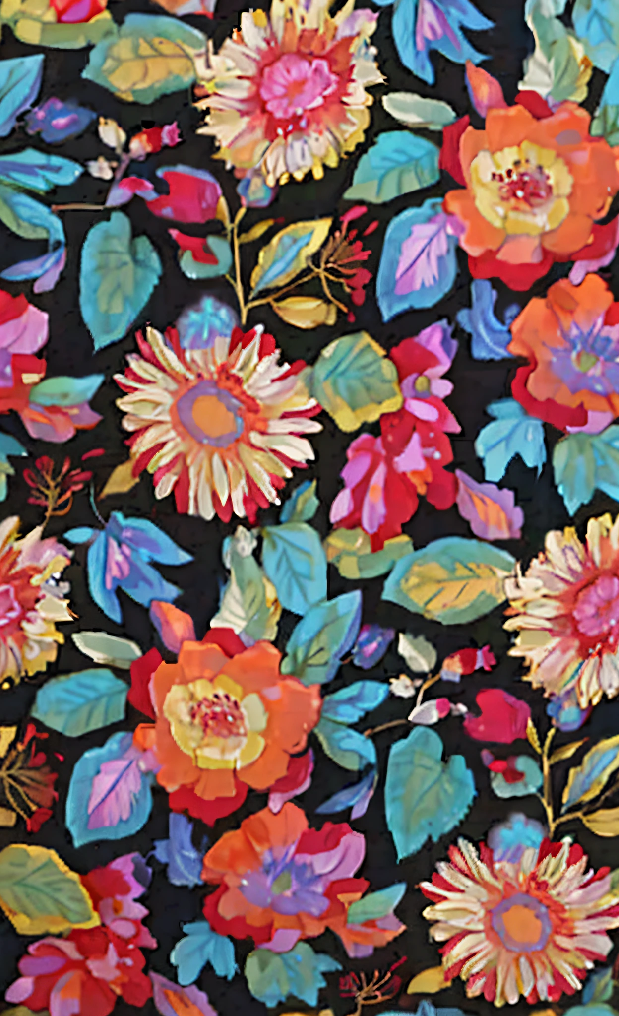 Close up of colorful floral print fabric on black background, Fabric embroidery, Neon floral pattern, The flowers are colorful, Cotton fabric, gorgeous flowers, Textile printing, floral pattern, Brightly colored flowers, Floral embroidery, Gorgeous flowers, Vivid and vibrant, Fabrics and textiles, Vibrant and vivid, Floral motives, the flowers, Colorful flowers, High quality fabric textiles, best quality, UHD