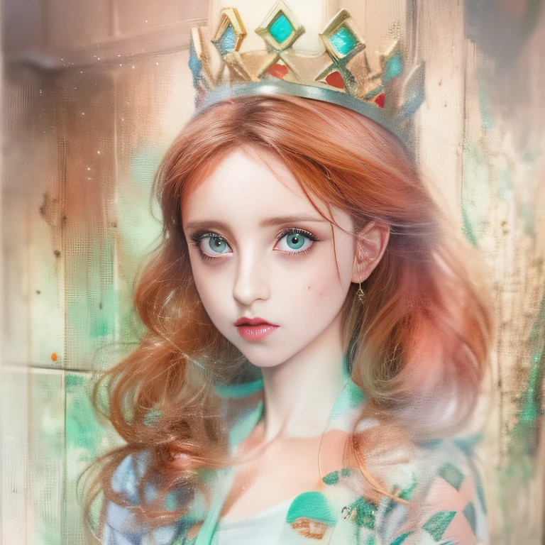 (Jogo King Card:1.5, simetria rotacional), A watercolor and pencil drawing of a girl dressed as Elza from the movie Frozen with wavy dark red hair, (LiliArt), atraente deslumbrante