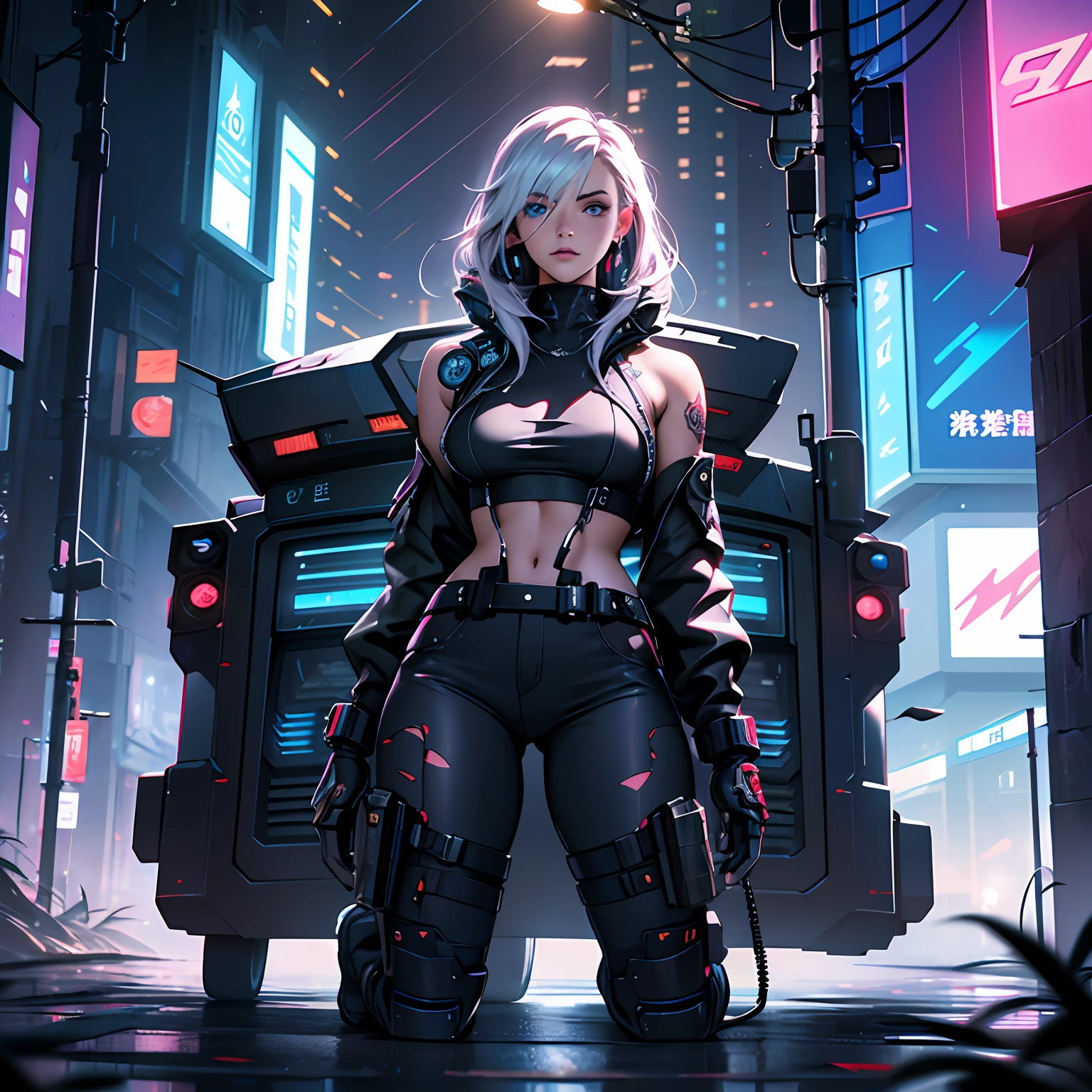 3D-Animation, Full body animation、Beautuful Women, Cyberpunk, An AI, Central Server, Deep view, Heavy Blue LED Light, Connected wires, Award-winning Fatorg, Cyberpunk, Extremely detailed, art stations, 8 K, Sensual lighting, Incredible art, wlop, ArtGerm,Hyper-Realism, high detailing, Octane Render, 8K, depth of fields, A man with a very beautiful face, Blue Rampage Flame, Angelic Boy, Claudia Flohair D Figure, 3D Doll, Very beautiful man,, Beautiful light green human eyes, Cyberpunk Beautiful Warriors,Realistic Woman, 85mm lens, F8 key, Photo, Super Detail, Natural light, Windy, High image quality,Beautiful face, Engulfed in silver flames, 8K, Cyberpunk, Pink neon, full body Esbian, Pose shooting a large machine gun、Large body、Half of his face is a cyborg、fight、Silver tattoo,standing on the grass、Big cyberpunk clothes、Big Head Earphones、Blue Pupils, Wearing fashionable clothes、pop-art、Only one woman,chee, Octane Rendering, , Full body vision, Cinematic lighting, , Center, looking in camera, At 8K, Perfect Lighting、Very beautiful face、